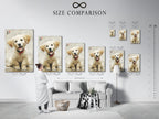A size comparison chart showcases various dimensions of the golden retriever puppy artwork in an interior setting. This Asian-style dog canvas print can be selected in various sizes to fit your space. Plan your pet wall art display with confidence. Ideal for nursery and bedroom decor.