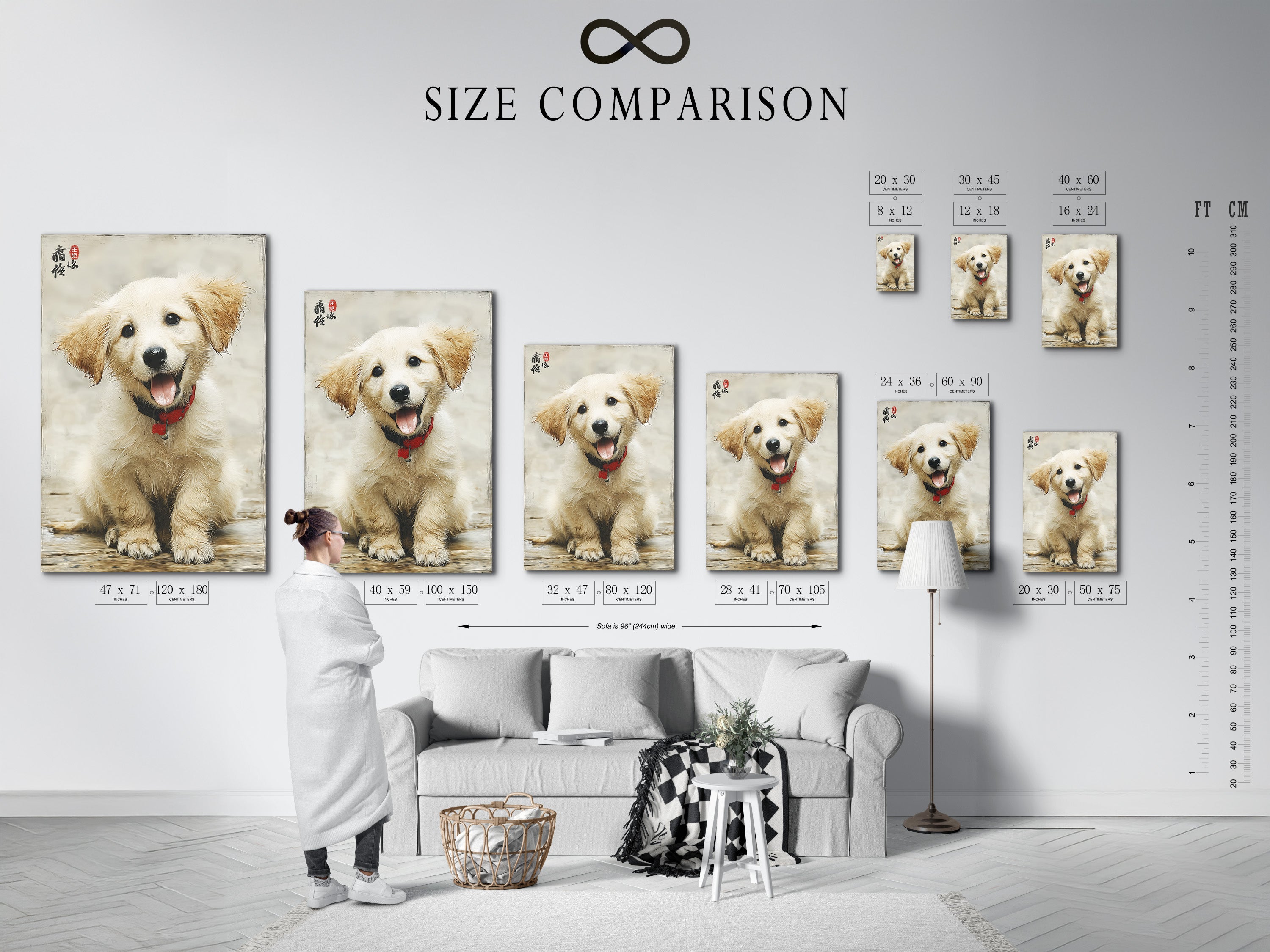 A size comparison chart showcases various dimensions of the golden retriever puppy artwork in an interior setting. This Asian-style dog canvas print can be selected in various sizes to fit your space. Plan your pet wall art display with confidence. Ideal for nursery and bedroom decor.