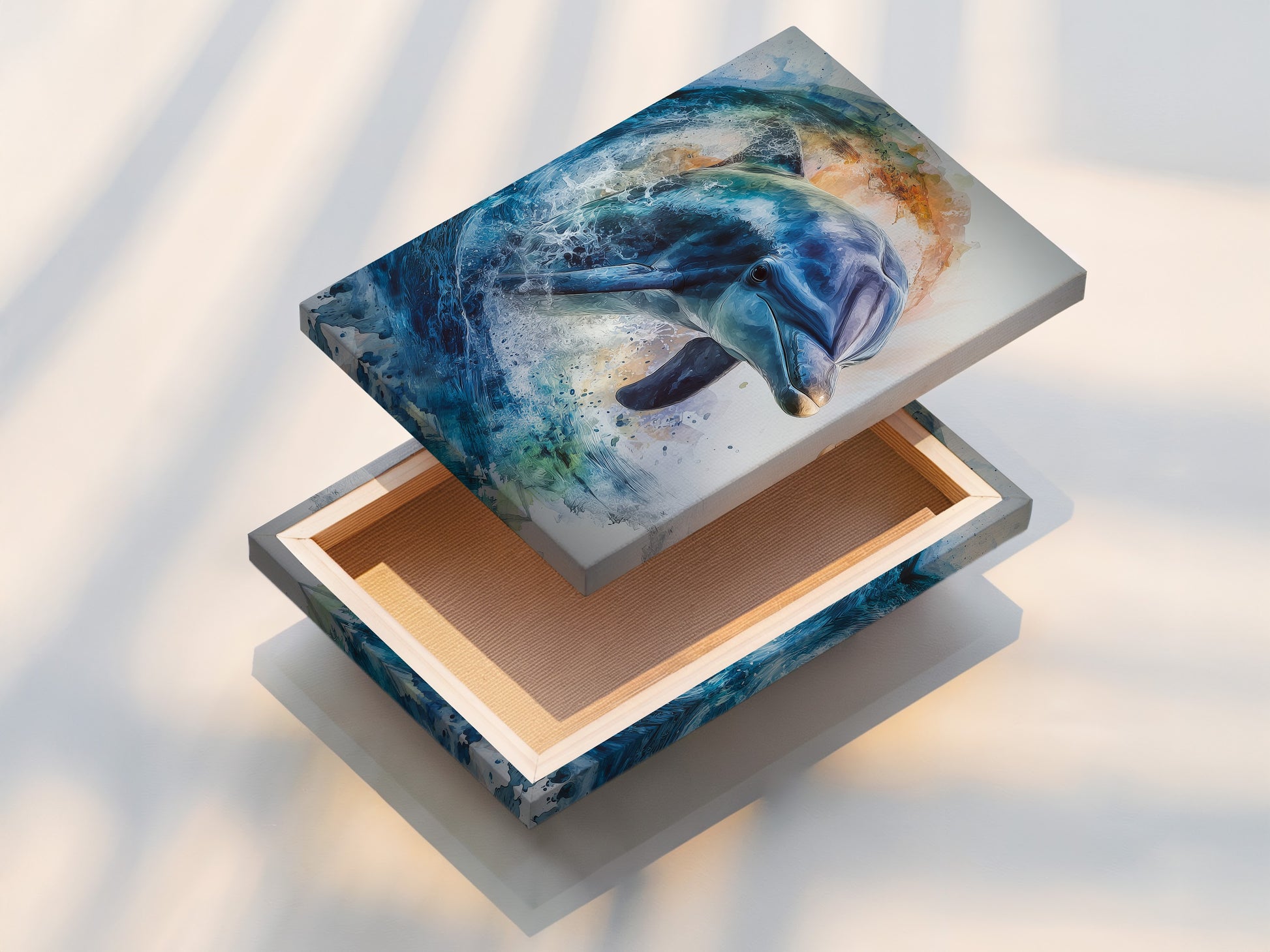 A stretched canvas print. Showcasing the dolphin artwork. The stretched canvas print is ready to hang. It offers a gallery-quality look. A perfect addition to your art collection. Find canvas prints today