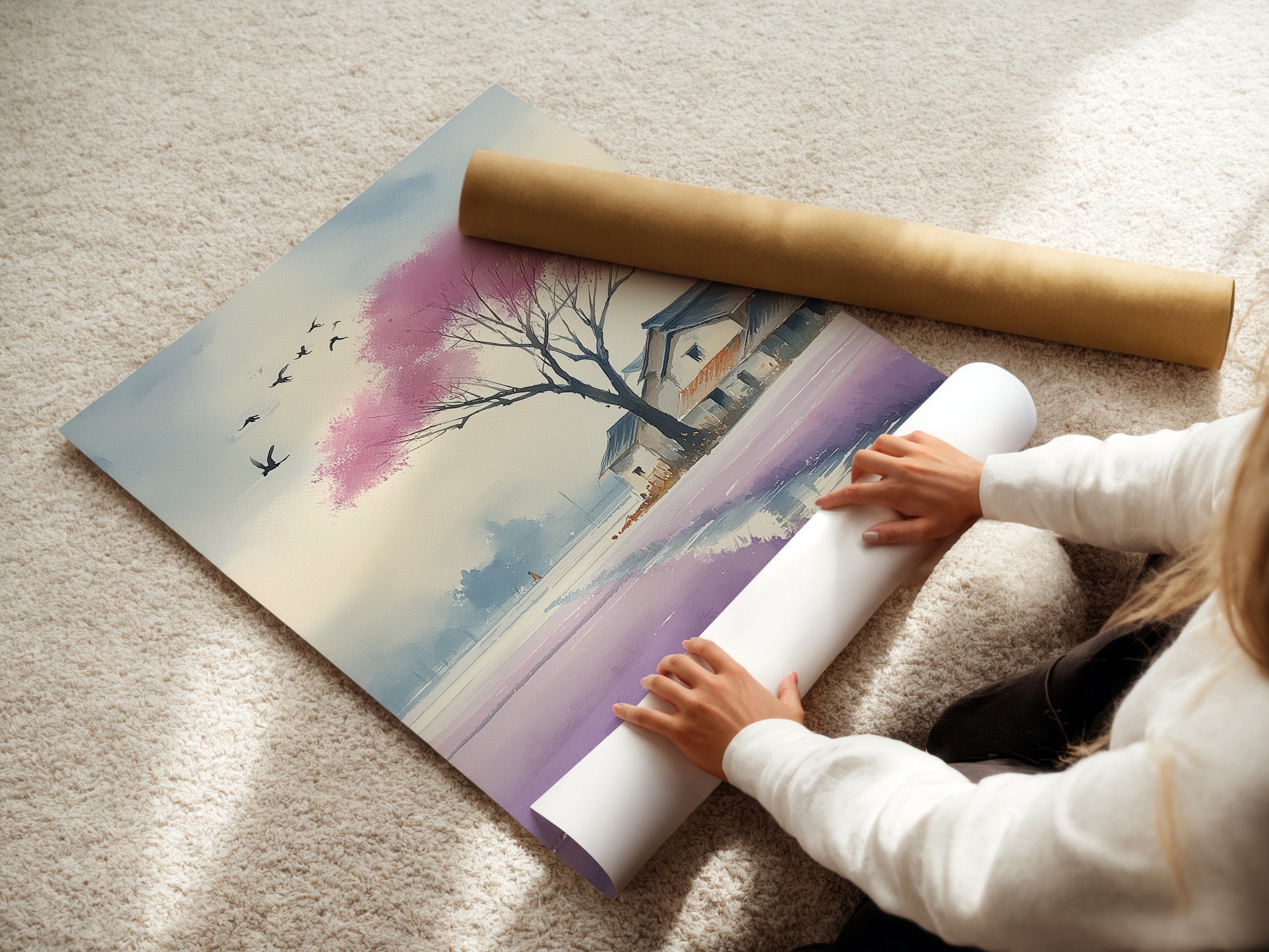 A woman is carefully rolling a fine art poster paper print. The artwork is a Cherry Blossom Asian Landscape artwork. The artwork is a watercolor style art print. This art is great for office wall art.