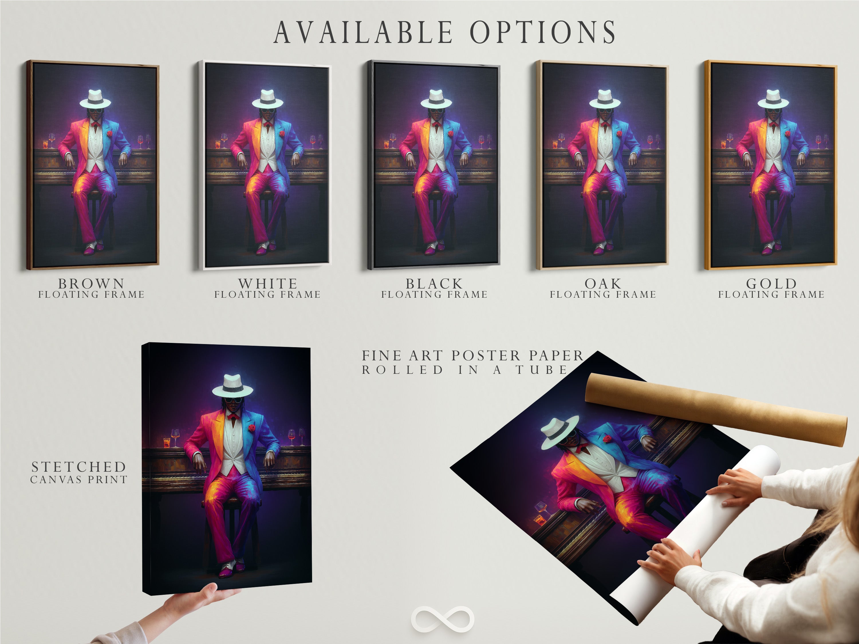 Available options for the Neon Suit Portrait. Choose from stretched canvas print fine art poster paper or floating frame. This colorful gentleman artwork is perfect for any space. Customize your art to suit modern eclectic or Art Deco styles. Find the perfect fit for your decor.