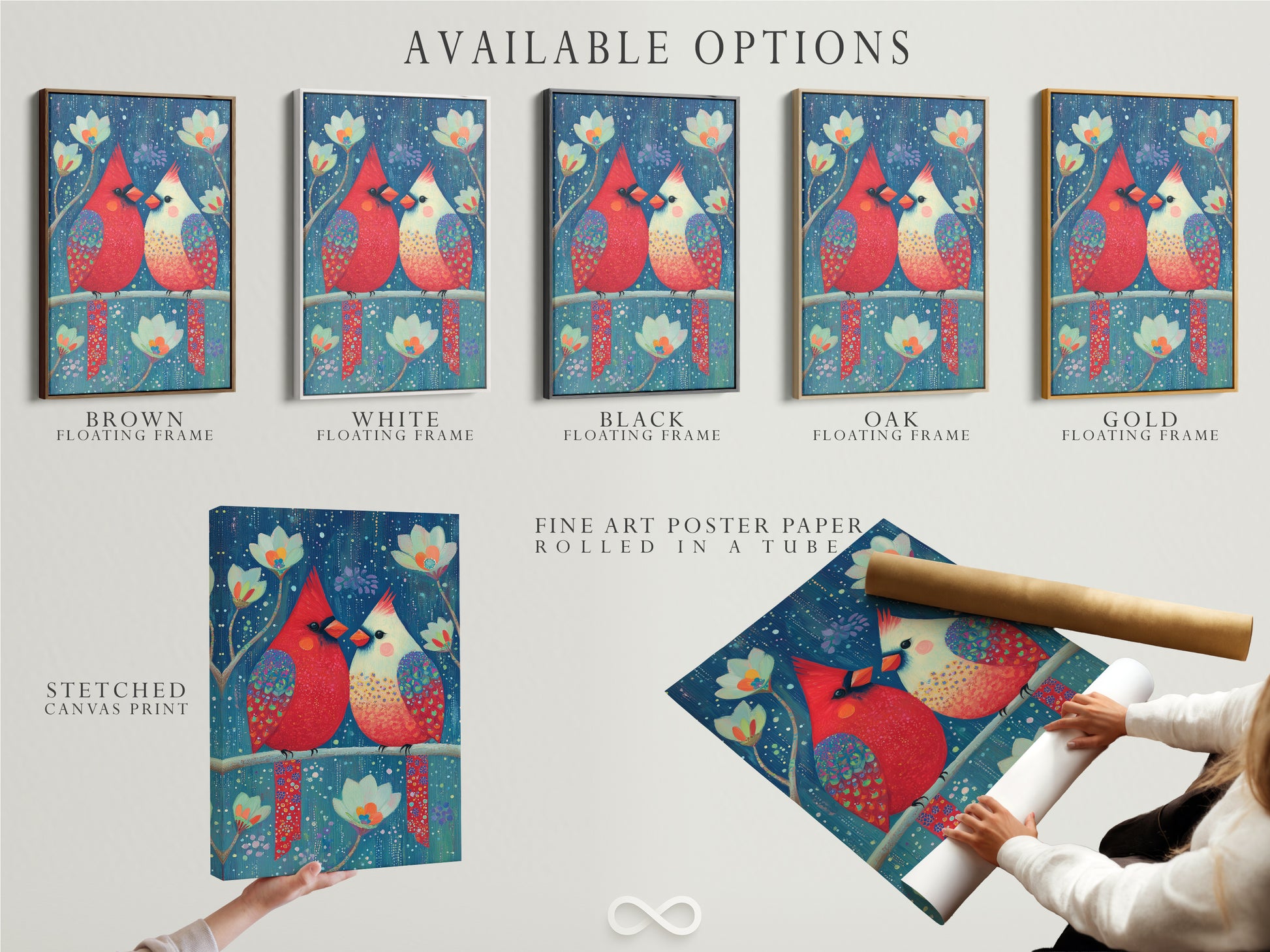 Explore available options for the cardinal bird artwork. Choose from stretched canvas print fine art poster paper or floating frame. Each option offers a unique way to showcase this piece. Find the perfect fit for your decor style. Enhance your space with this colorful art.