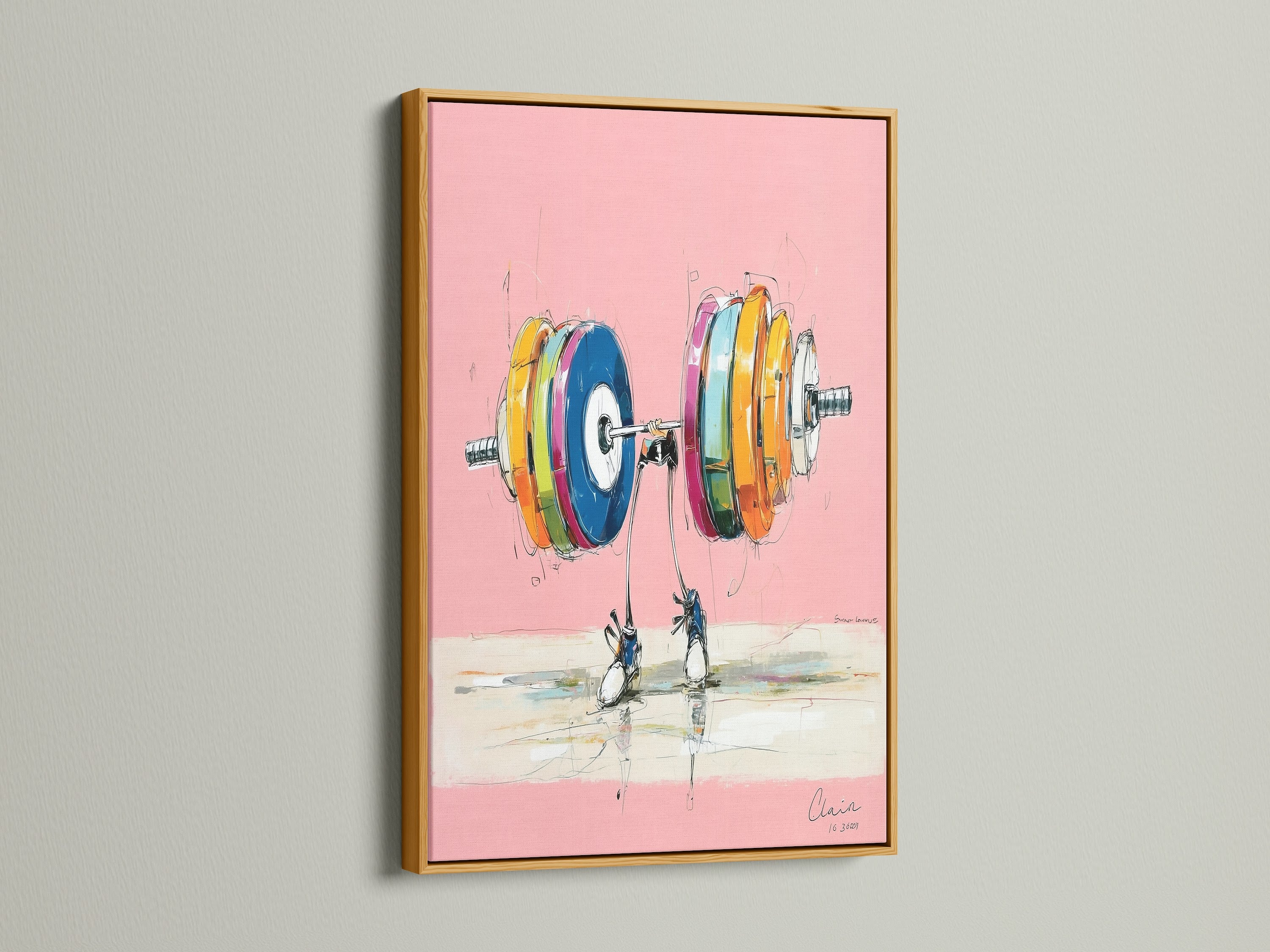 Weightlifting Art in a Gold Frame. Elevate your gym wall decor with this fitness canvas. The abstract print adds a touch of color to your space. Perfect for home gym art or exercise decor. This weight training artwork is a modern art print