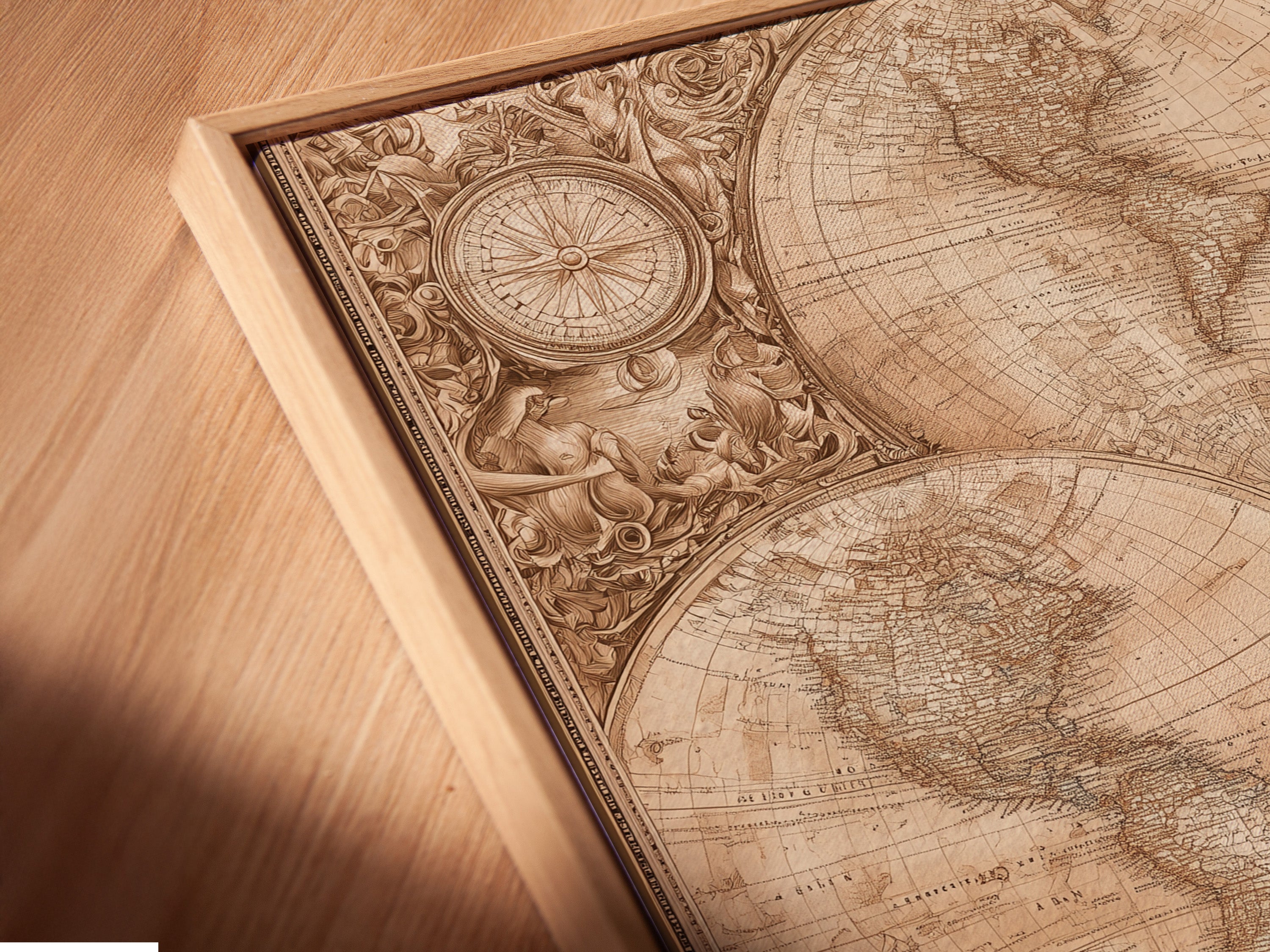 A close-up angled view reveals a canvas print in a floating frame. The floating frame creates a modern gallery look. It adds depth and dimension to the art. This framing style enhances any artwork. See the details of a canvas print in a floating frame.