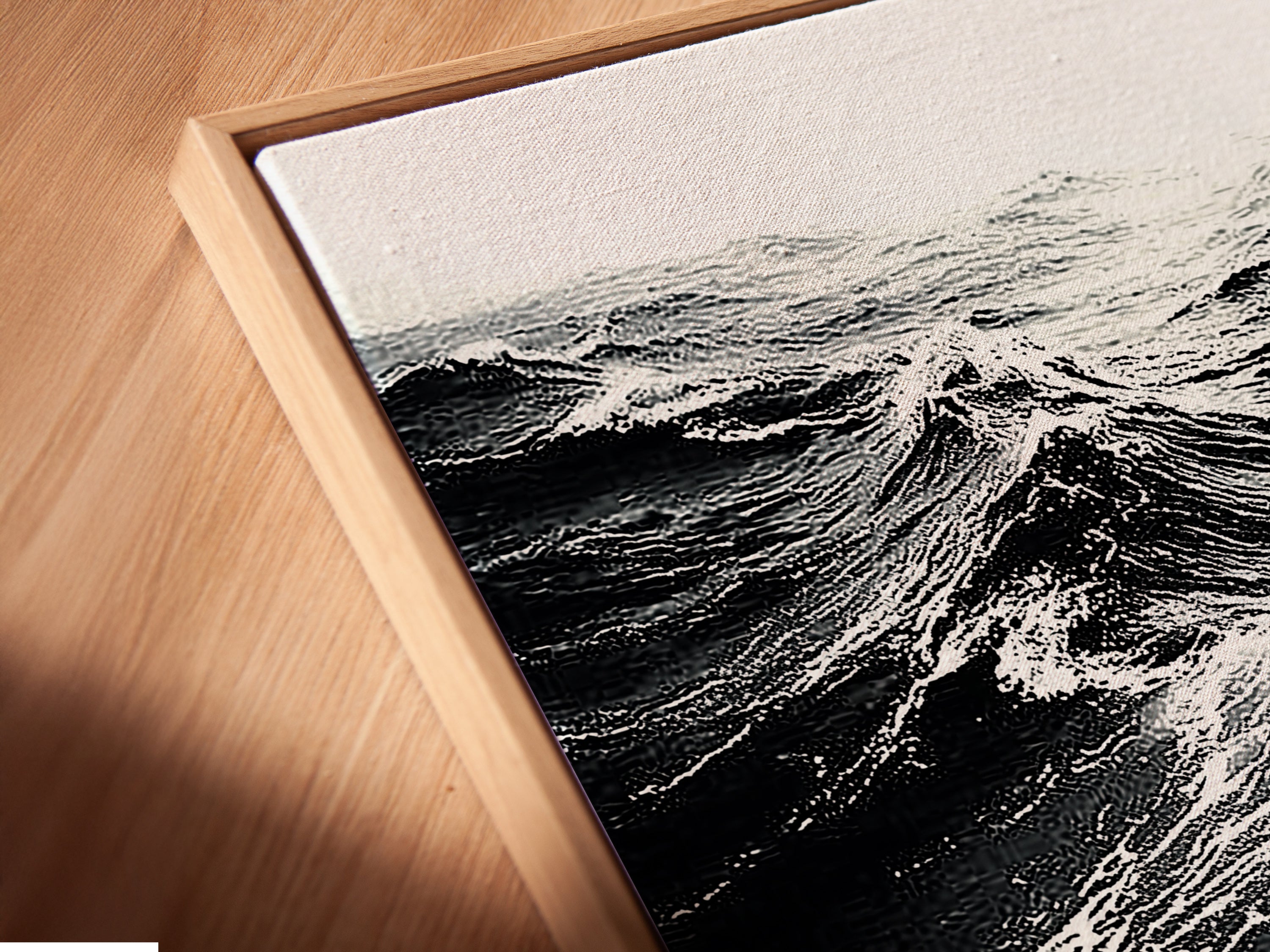 Angled close up of a canvas print in a floating frame. The floating frame gives the artwork a modern gallery look. Perfect for displaying fine art. Discover our range of framed art prints today for your home decor.