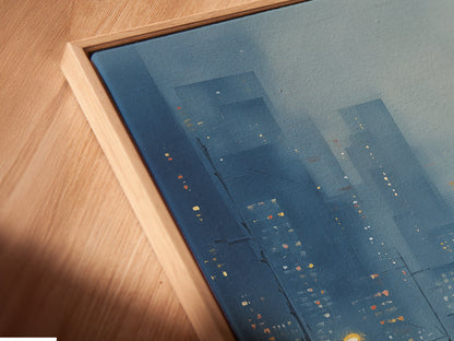Angled close up of a cityscape canvas print in a floating frame. The modern urban artwork features a rainy day scene with a red umbrella creating a captivating display. The floating frame enhances the contemporary feel of this city scene artwork.