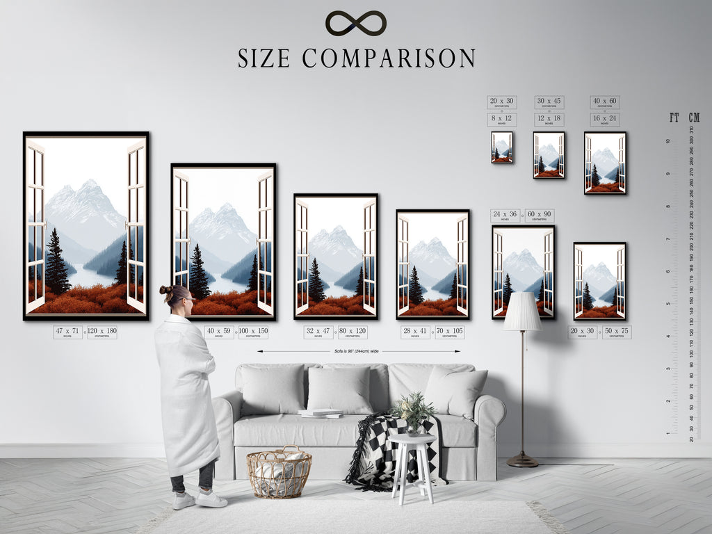 A size comparison chart is displayed in an interior setting. The artwork features a mountain view through an open window. This nature landscape print is available in various sizes. Perfect for home wall decor. Choose the ideal size to enhance your living room bedroom or office space with a calming scenic print.
