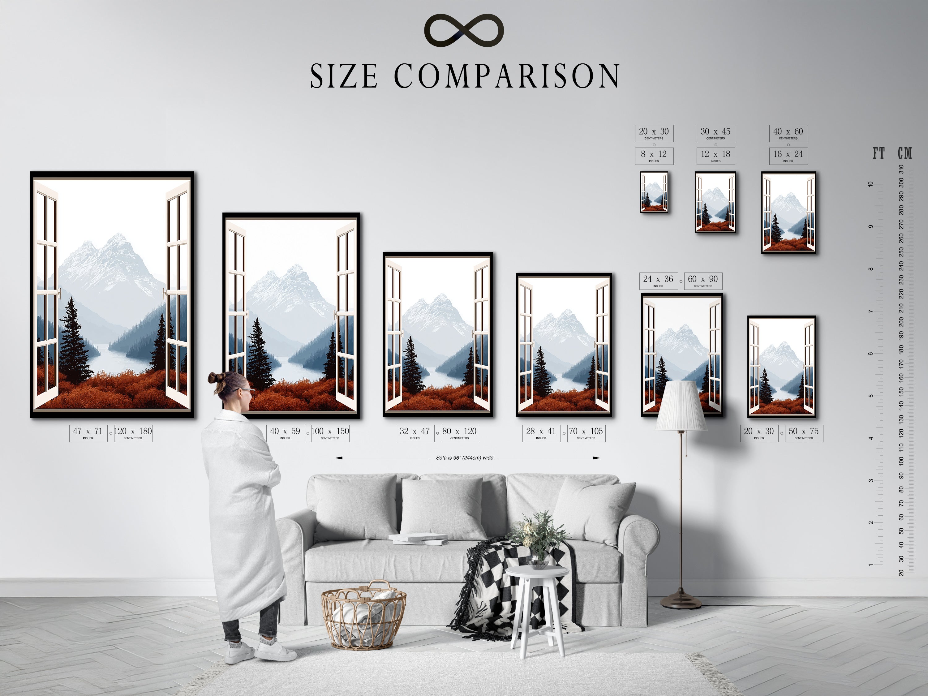 A size comparison chart is displayed in an interior setting. The artwork features a mountain view through an open window. This nature landscape print is available in various sizes. Perfect for home wall decor. Choose the ideal size to enhance your living room bedroom or office space with a calming scenic print.
