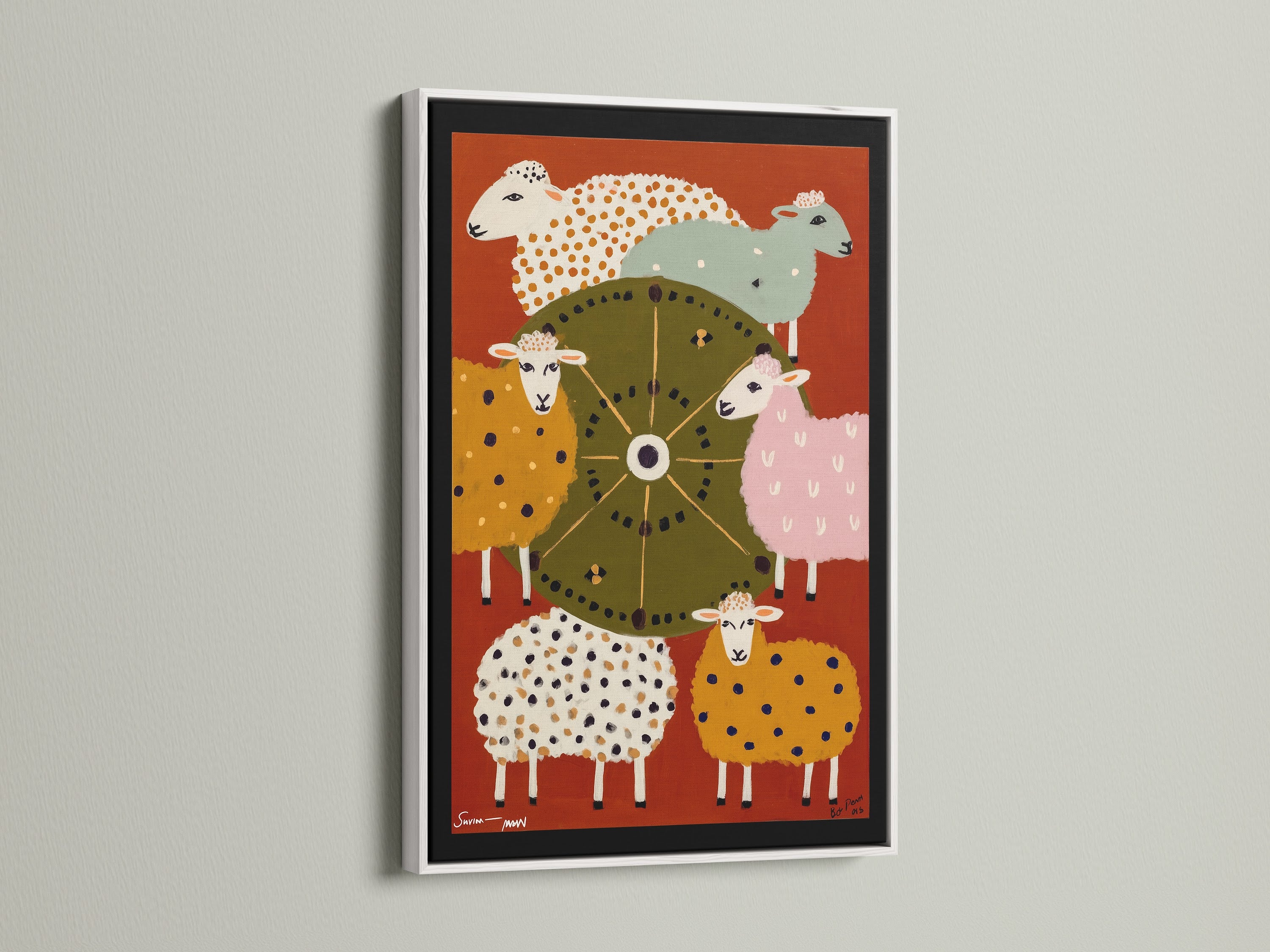 Charming sheep artwork in a clean white frame. This folk art print is perfect for a modern nursery or playful kids room. The colorful sheep add a whimsical touch to any wall. It's a great choice for farmhouse decor or adding a cozy accent to your home.