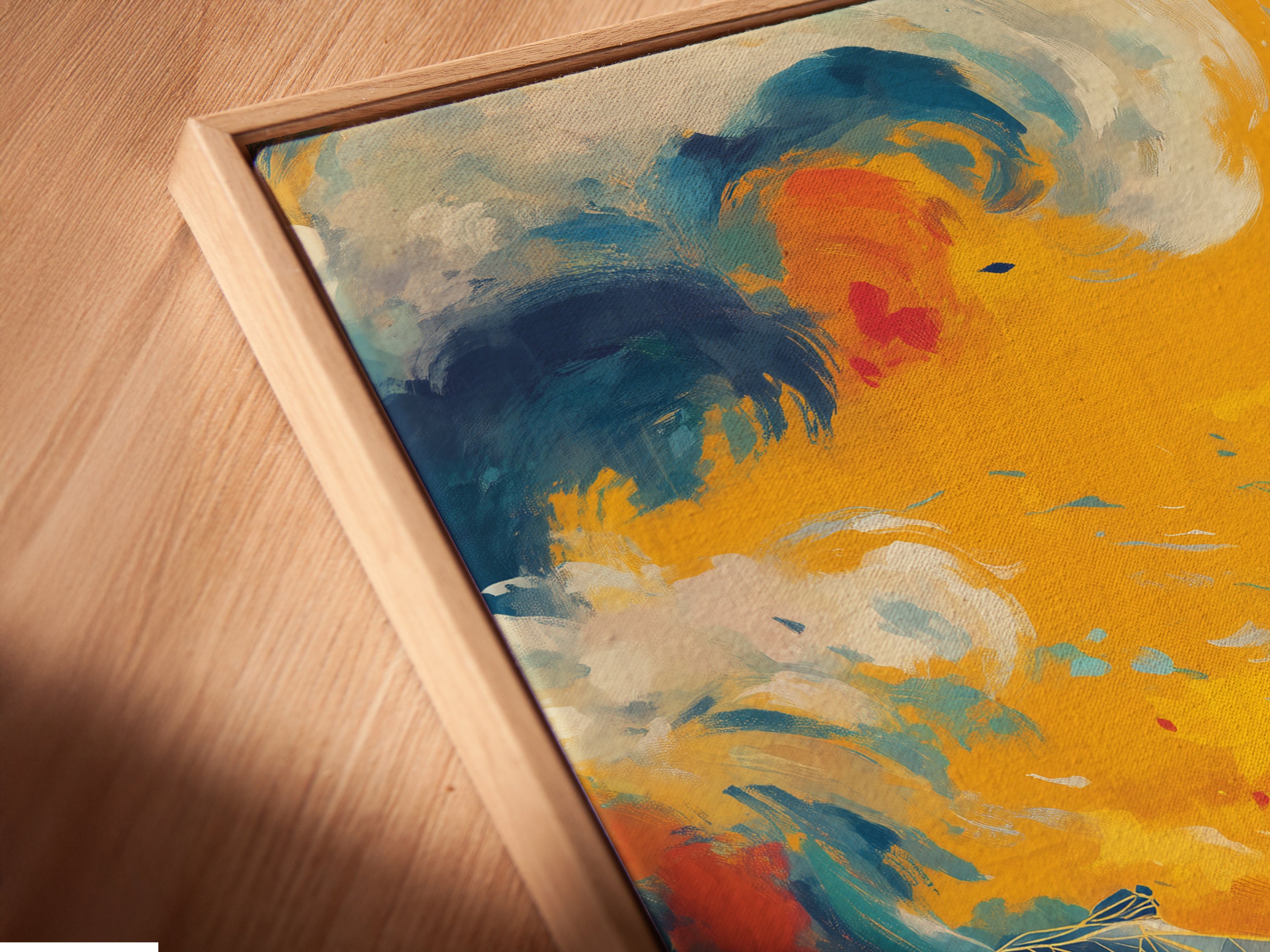 Angled close-up of a soccer art canvas print in a floating frame. The artwork showcases an abstract football player design. This contemporary sports wall art is perfect for teen bedroom decor. The floating frame enhances the modern aesthetic.