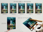Explore the available options for the Church at Night artwork. Choose from a stretched canvas print a fine art poster paper or a floating frame. Customize your religious wall art to fit your unique style. The teal and orange tones bring a modern touch to any space. Perfect for homeowners renters and interior designers.