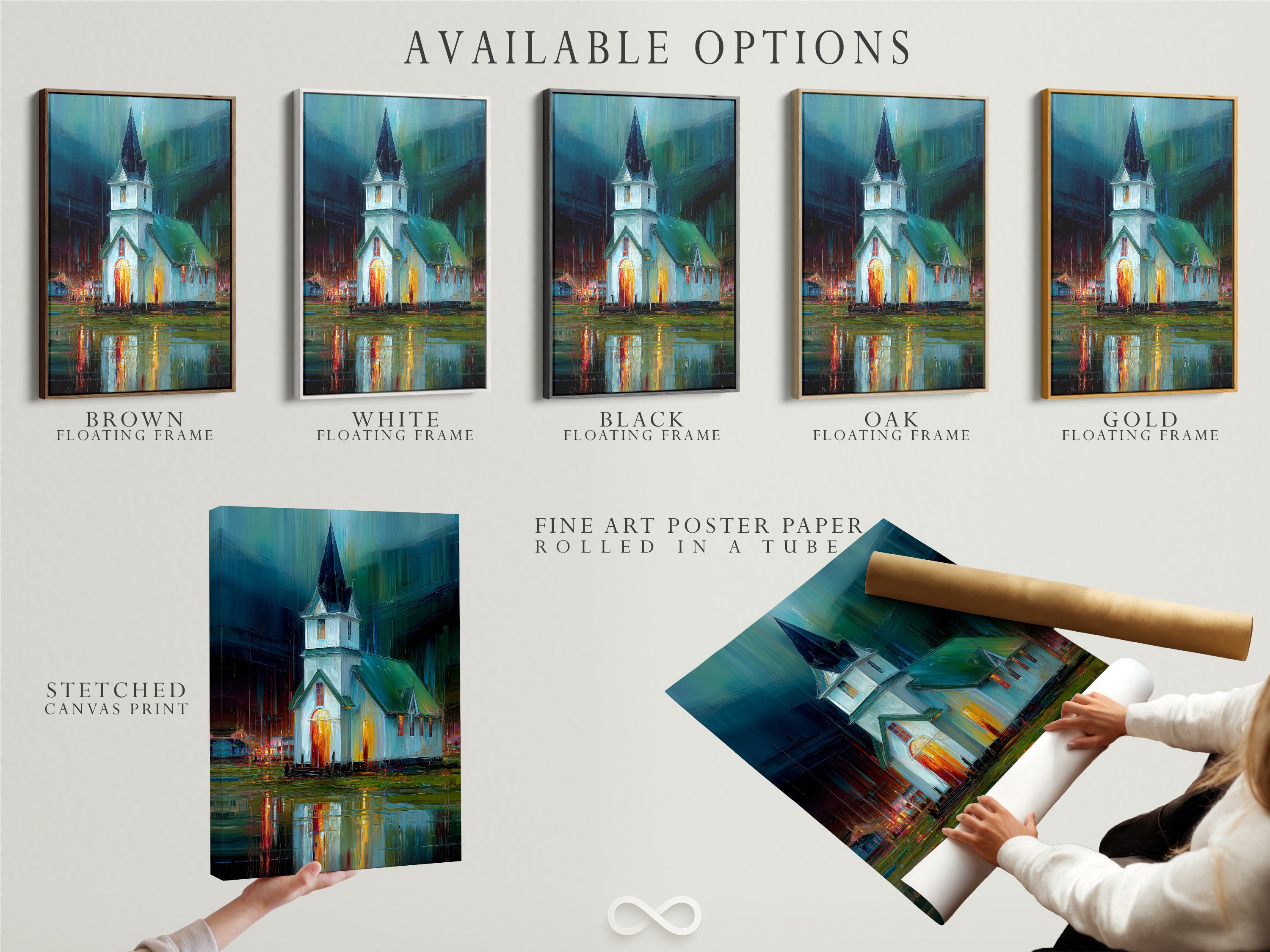 Explore the available options for the Church at Night artwork. Choose from a stretched canvas print a fine art poster paper or a floating frame. Customize your religious wall art to fit your unique style. The teal and orange tones bring a modern touch to any space. Perfect for homeowners renters and interior designers.