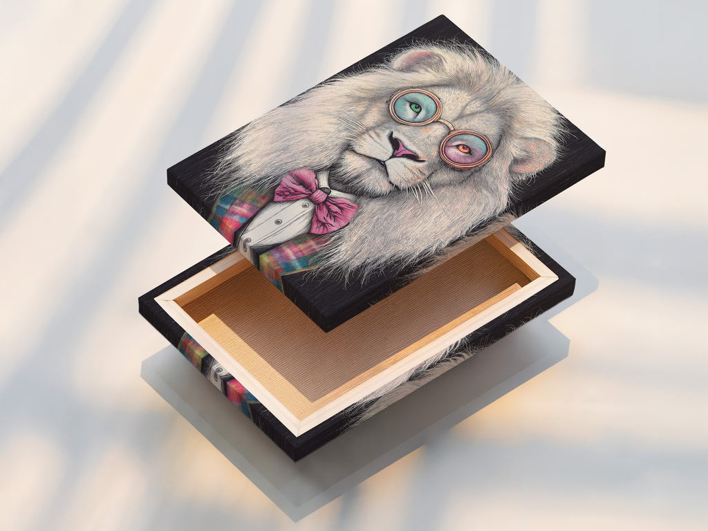 A stretched canvas print featuring a Hipster Lion. The lion is wearing glasses and a bow tie. It is a quirky animal art piece. Great as whimsical office decor or for a study room.