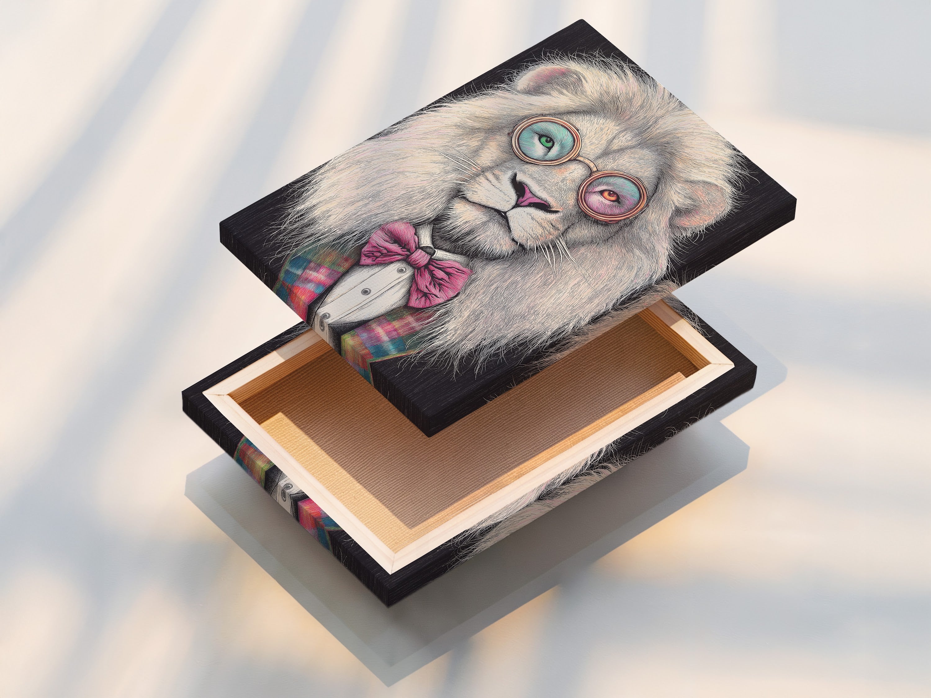 A stretched canvas print featuring a Hipster Lion. The lion is wearing glasses and a bow tie. It is a quirky animal art piece. Great as whimsical office decor or for a study room.