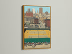 The Urban Tennis Court vintage art features a gold frame. The gold frame adds a touch of elegance. This city sports print is eye-catching. The retro athletic art complements eclectic styles. The sports canvas art is a stylish choice.