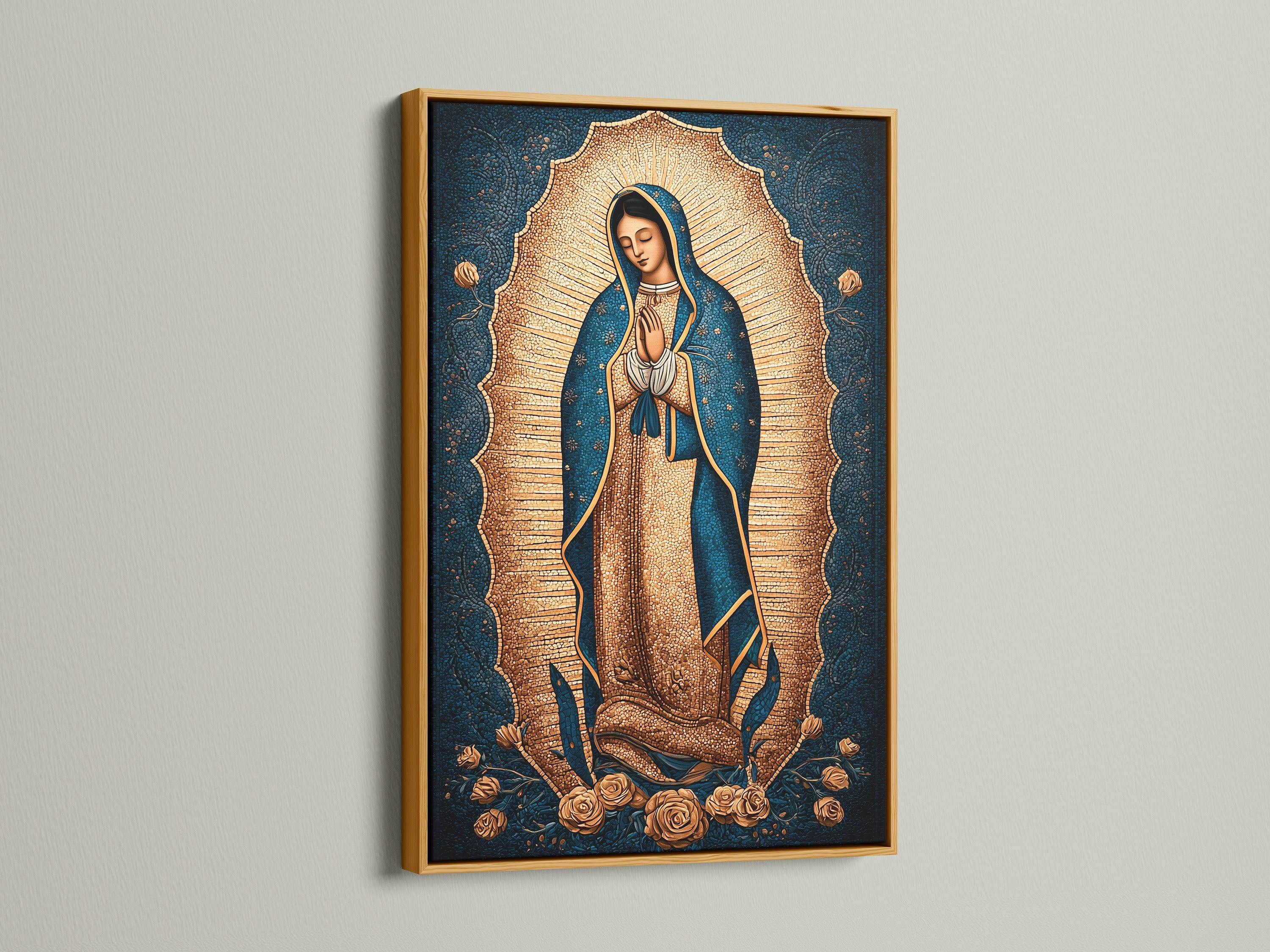 Our Lady of Guadalupe artwork shines in a gold frame. This Catholic religious decor brings a touch of elegance. The Virgin Mary canvas print is ideal for altar wall decor. Add a sacred art print to your living room or bedroom.