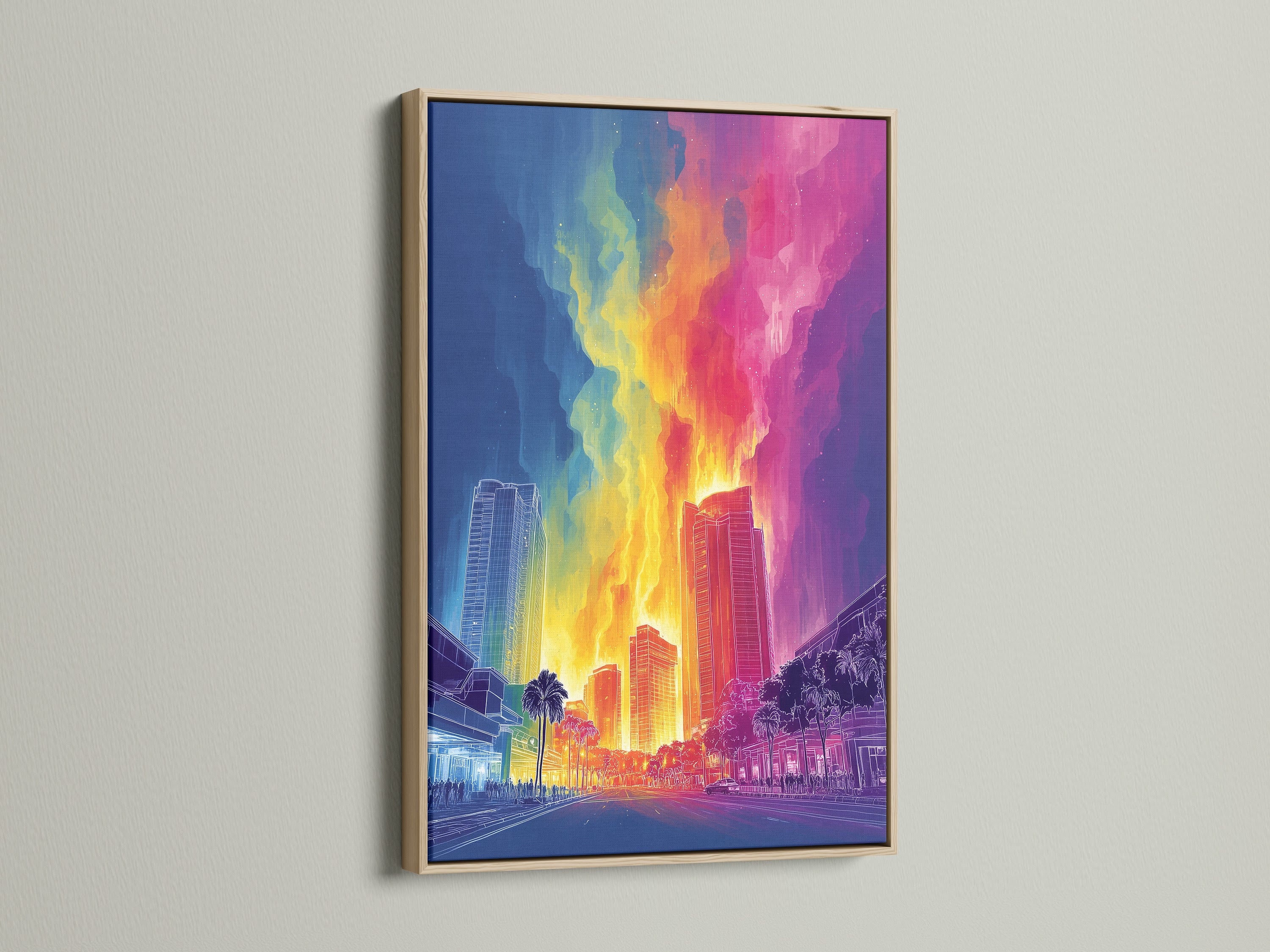 Neon Cityscape artwork with an oak frame. This artwork features a retro futurism art style. The oak frame complements the artwork's vibrant colors. This synthwave print will elevate minimalist Scandinavian or eclectic styles. The oak frame adds a touch of warmth to the piece.