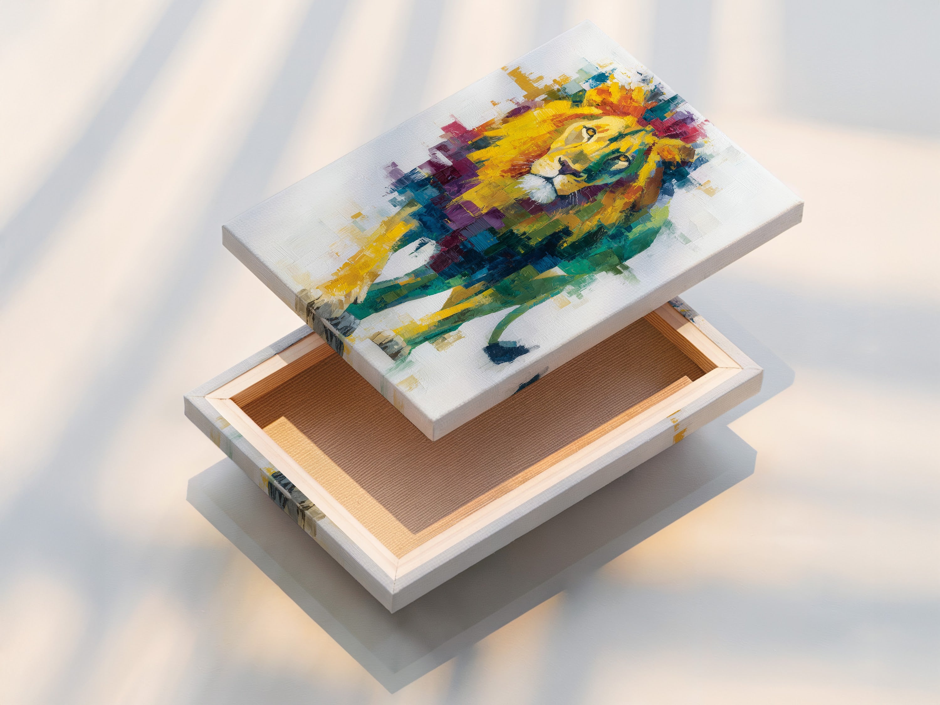 A stretched canvas print featuring a colorful lion artwork is displayed. This abstract animal art is ready to hang and adds a modern touch to any room. The stretched canvas enhances the artwork's vibrant colors. It is perfect for contemporary decor styles.