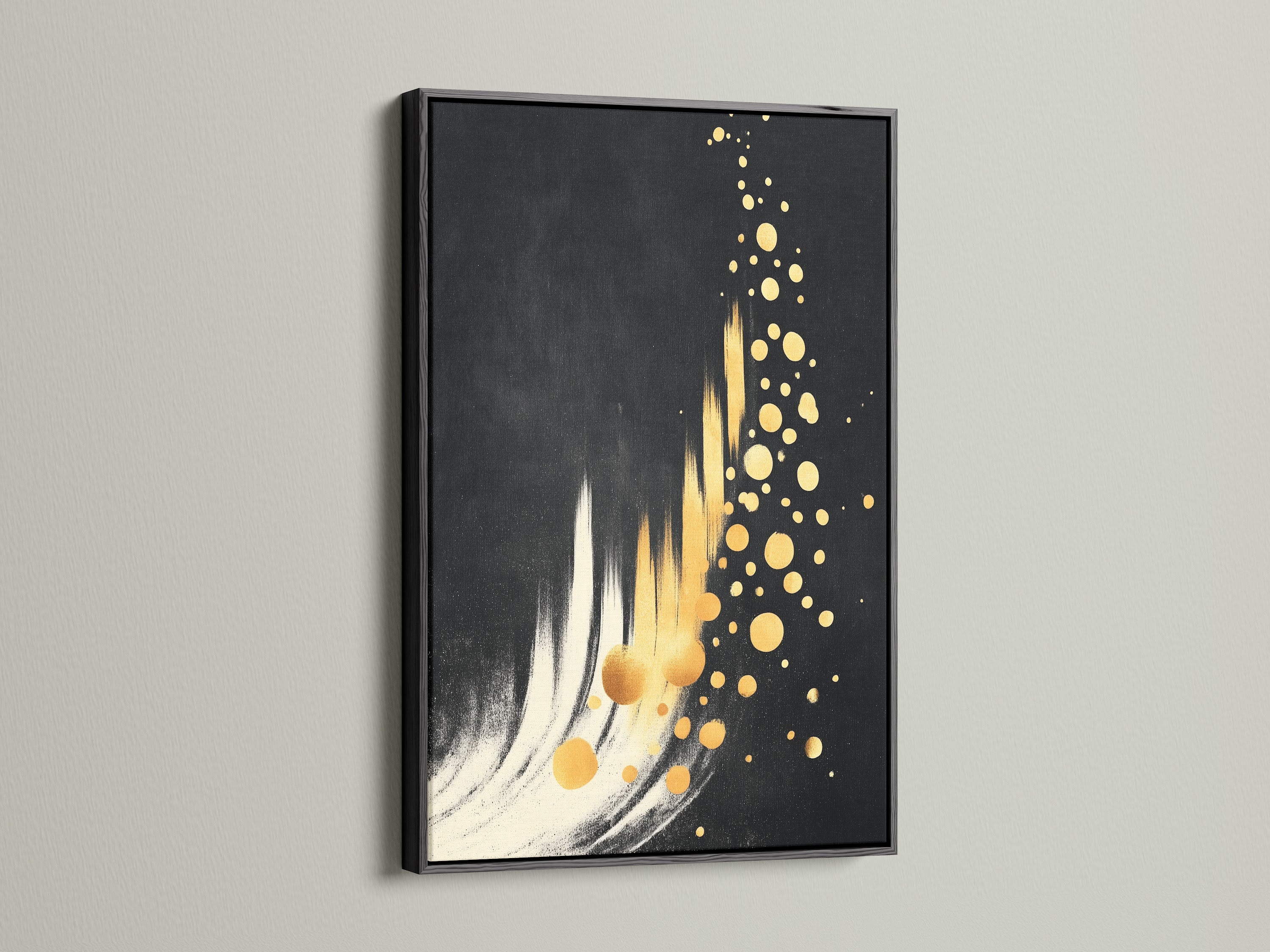 A black frame showcases this gold abstract art. The modern home art fits well in any contemporary space. This black gold print adds a touch of luxe to your walls. This artwork enhances living rooms bedrooms and boutiques alike.