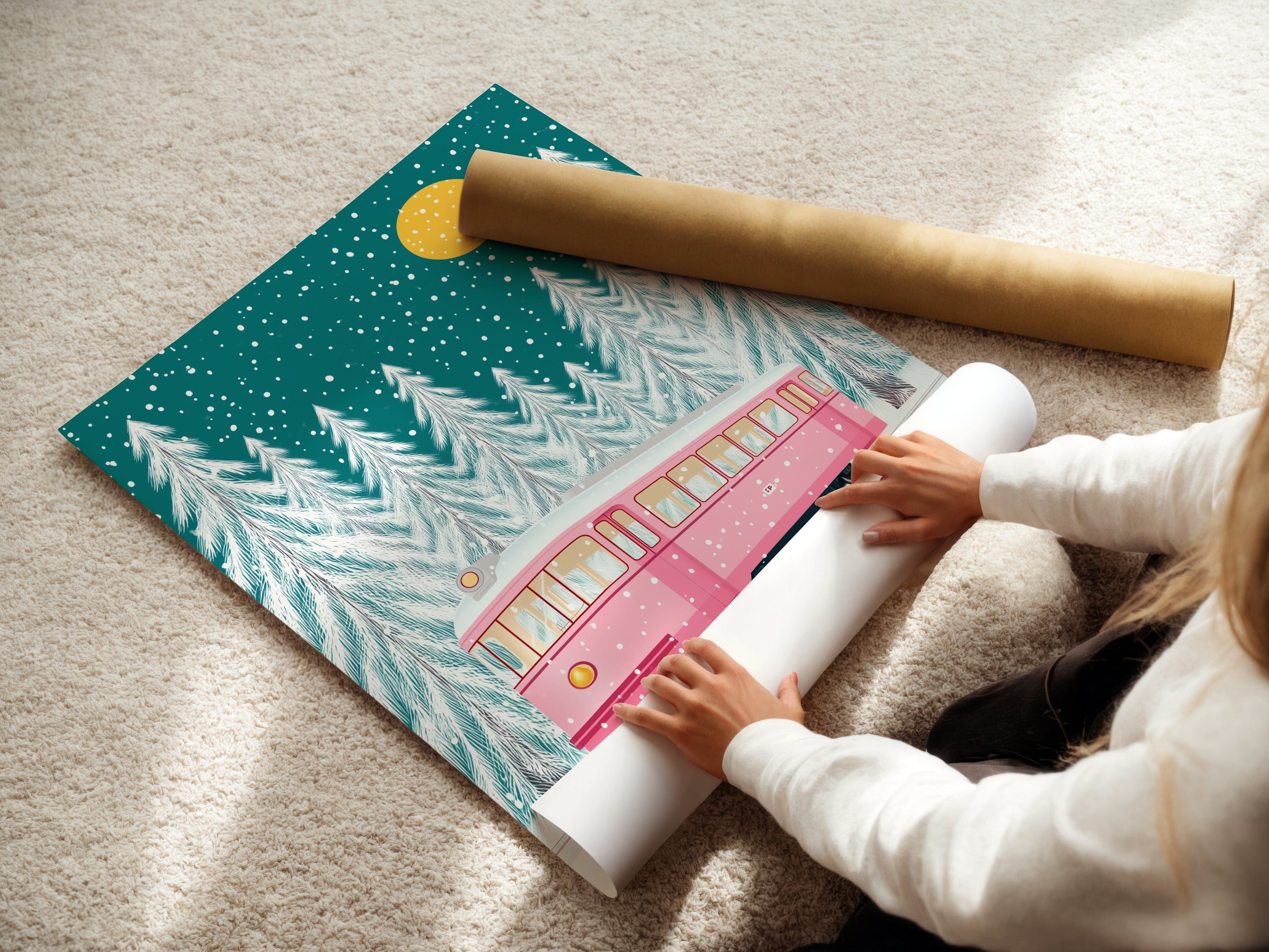 A woman is carefully rolling a fine art poster paper. This paper will be used to create beautiful prints of the winter tram artwork. The pink train and snowy forest will come to life. Order your own high-quality print today for holiday decor.