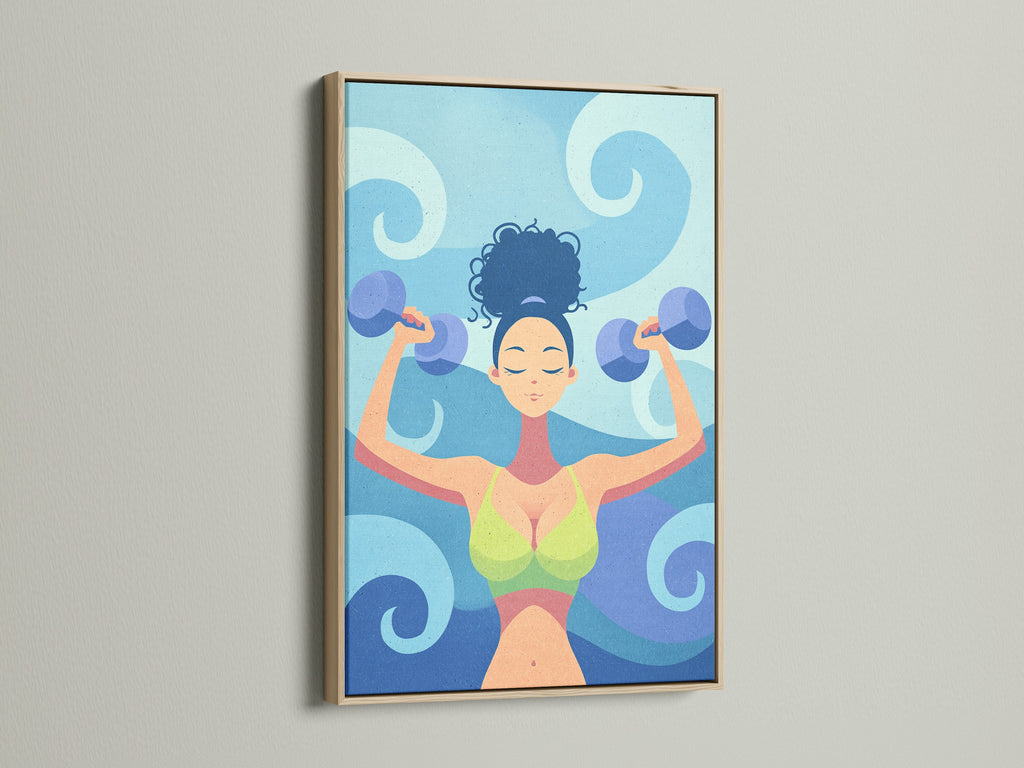 Oak frame highlights fitness woman artwork. This gym wall decor features a workout illustration. Ideal for adding fitness motivation to your space. The artwork showcases strength training. It enhances home gym decor.