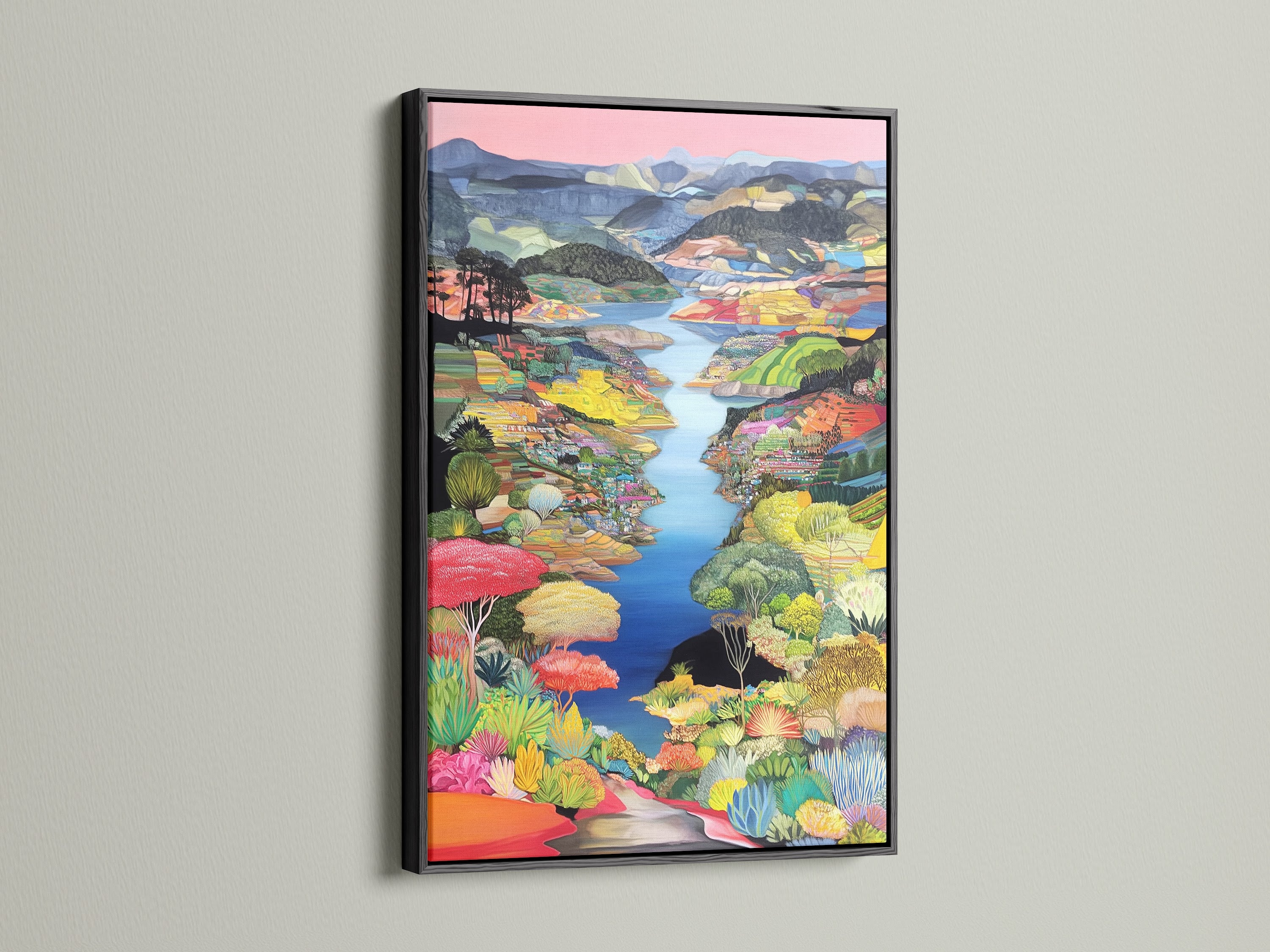 This is a colorful landscape artwork with a black frame. The modern nature artwork complements any interior. This vibrant art print brings life to your walls. It's a perfect addition to your home wall decor. The scenic landscape creates a calming atmosphere