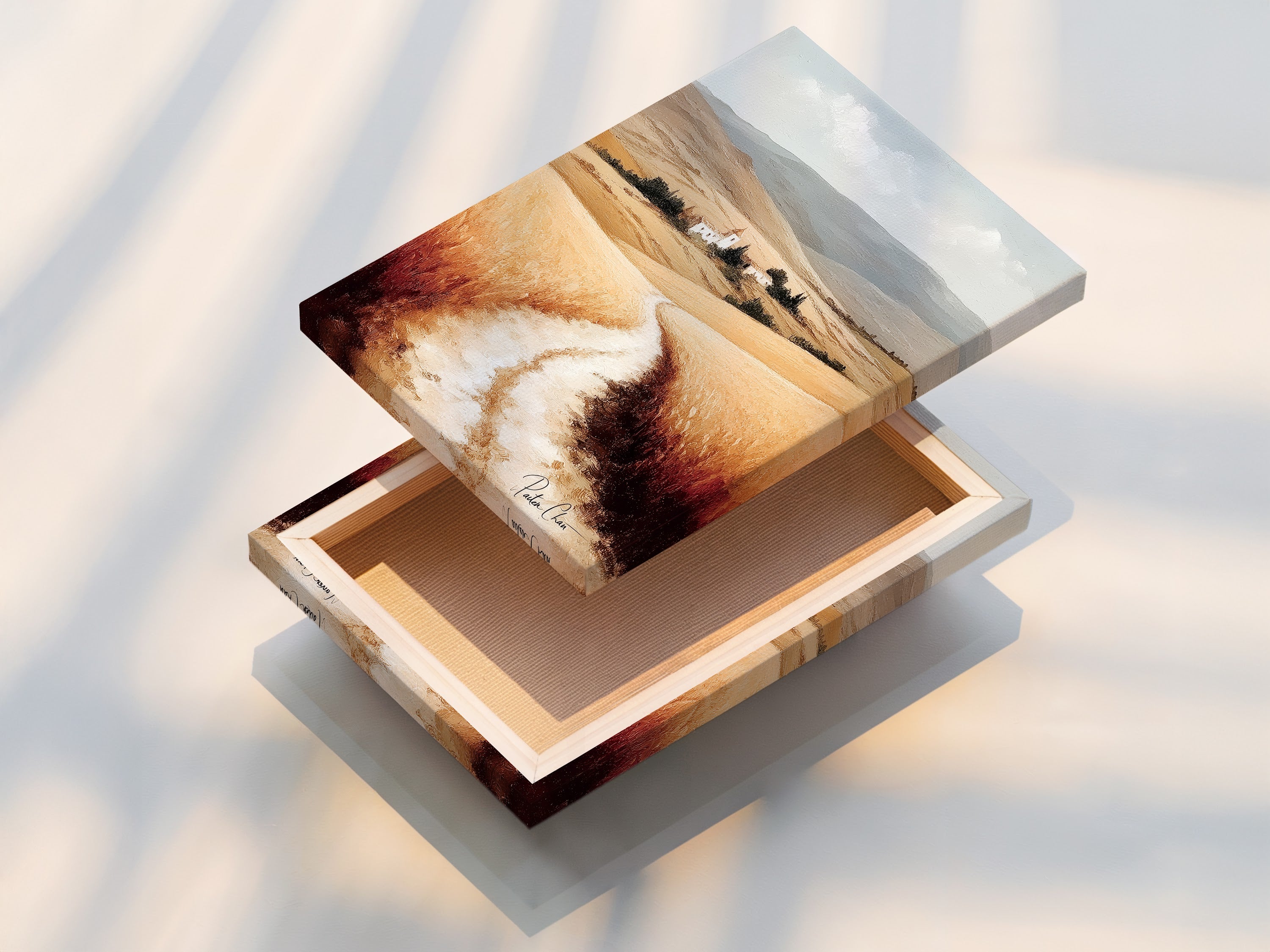 A stretched canvas print of a Tuscan Landscape artwork is displayed. This Italy countryside wall art brings the beauty of a farmhouse to your home. The neutral tone art enhances any farmhouse decor. Italian scenery showcases a stunning wheat field. Add rustic wall art to your space.