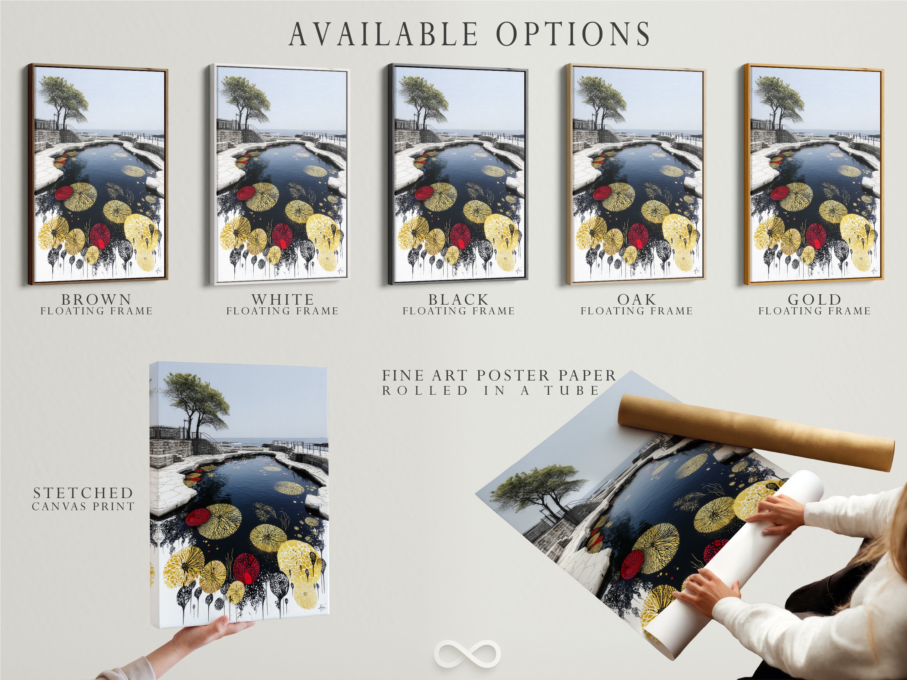 Available options are showcased including stretched canvas print fine art poster paper and a floating frame. Choose the perfect style to display your Japanese Zen Garden Art. Each option enhances the artwork's beauty