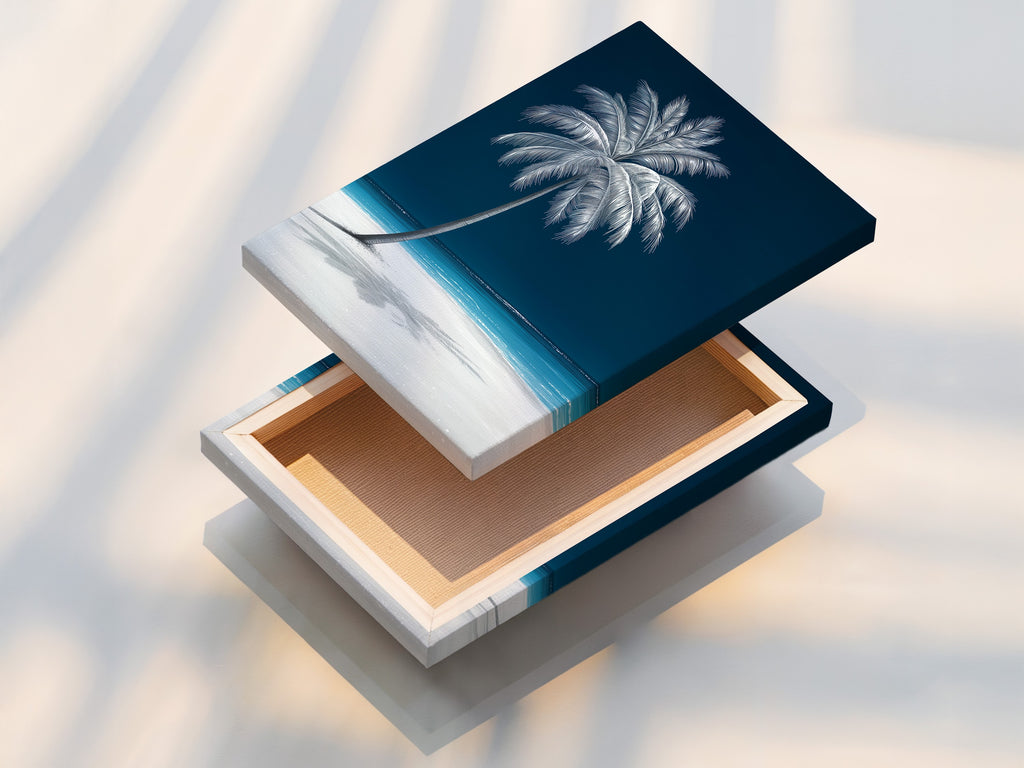 A stretched canvas print displays tropical palm tree art. Navy blue beach canvas print enhances any space. It is a beautiful piece of coastal wall decor for your home.