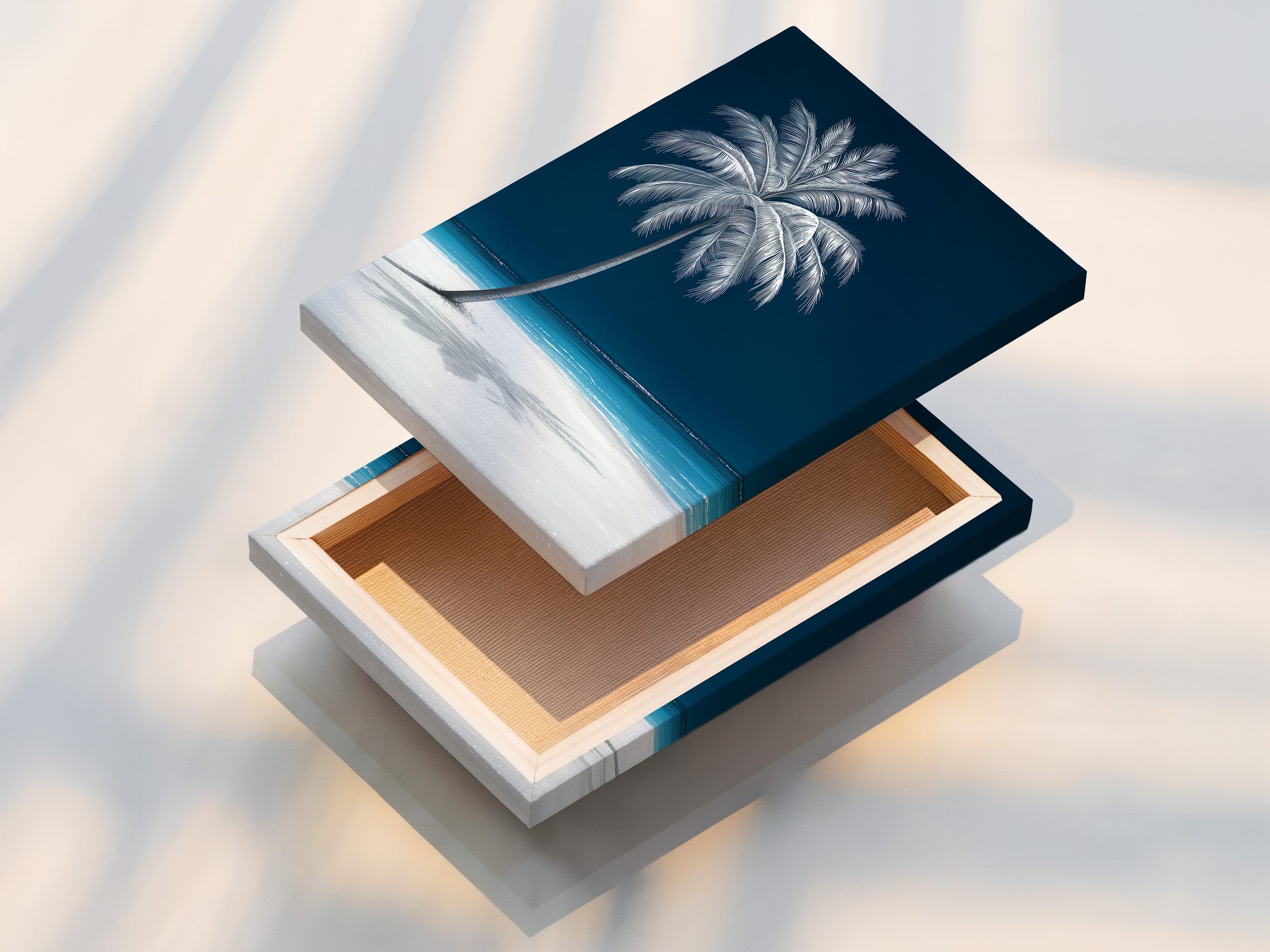 A stretched canvas print displays tropical palm tree art. Navy blue beach canvas print enhances any space. It is a beautiful piece of coastal wall decor for your home.