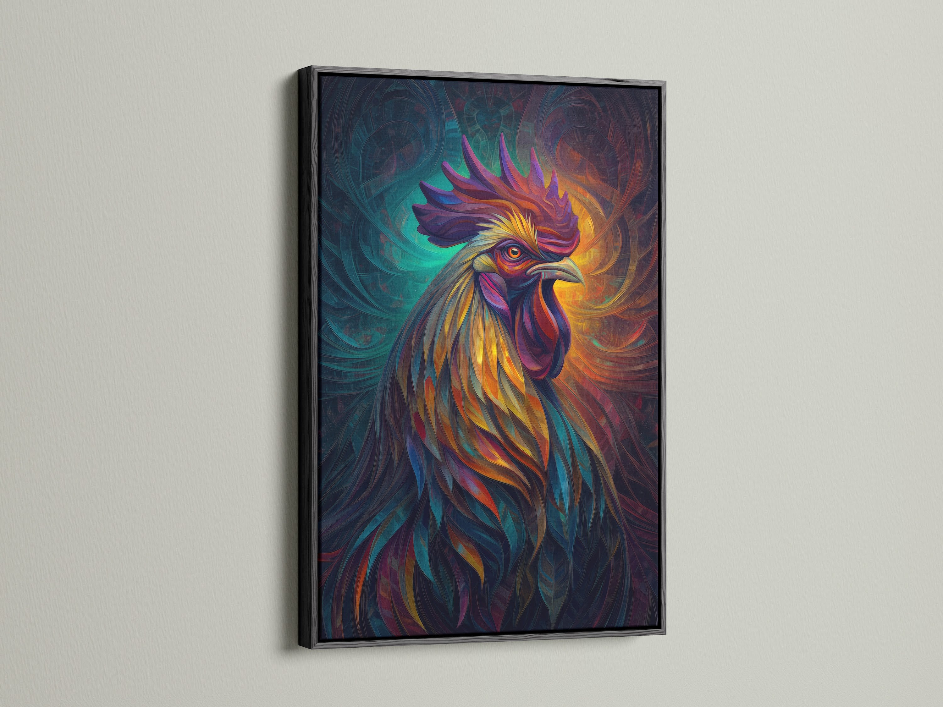 A black frame showcases this rooster art print. The colorful rooster art adds a modern touch. It's a psychedelic farm animal poster for kitchen wall decor. Enhance your country wall art collection.