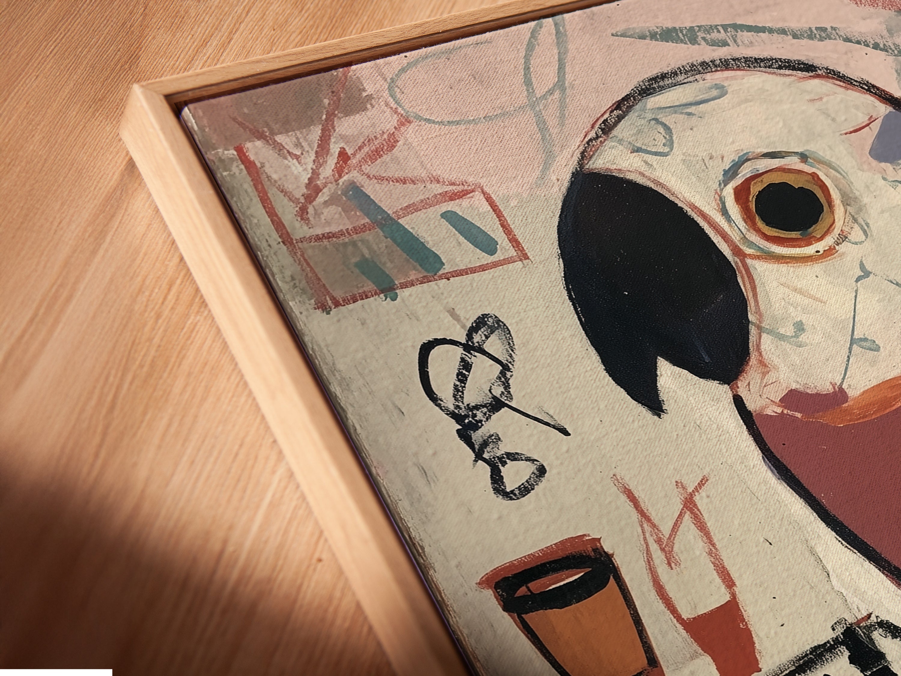 Close-up of the Vintage Parrot DJ Artwork in a floating frame. The floating frame gives the artwork a modern look. Add a retro vibe to your music room with this unique design. Perfect for eclectic interiors.