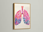 This lung artwork is presented in a gold frame. The gold frame brings a touch of luxury and elegance. It adds a sophisticated and glamorous element to the artwork display.