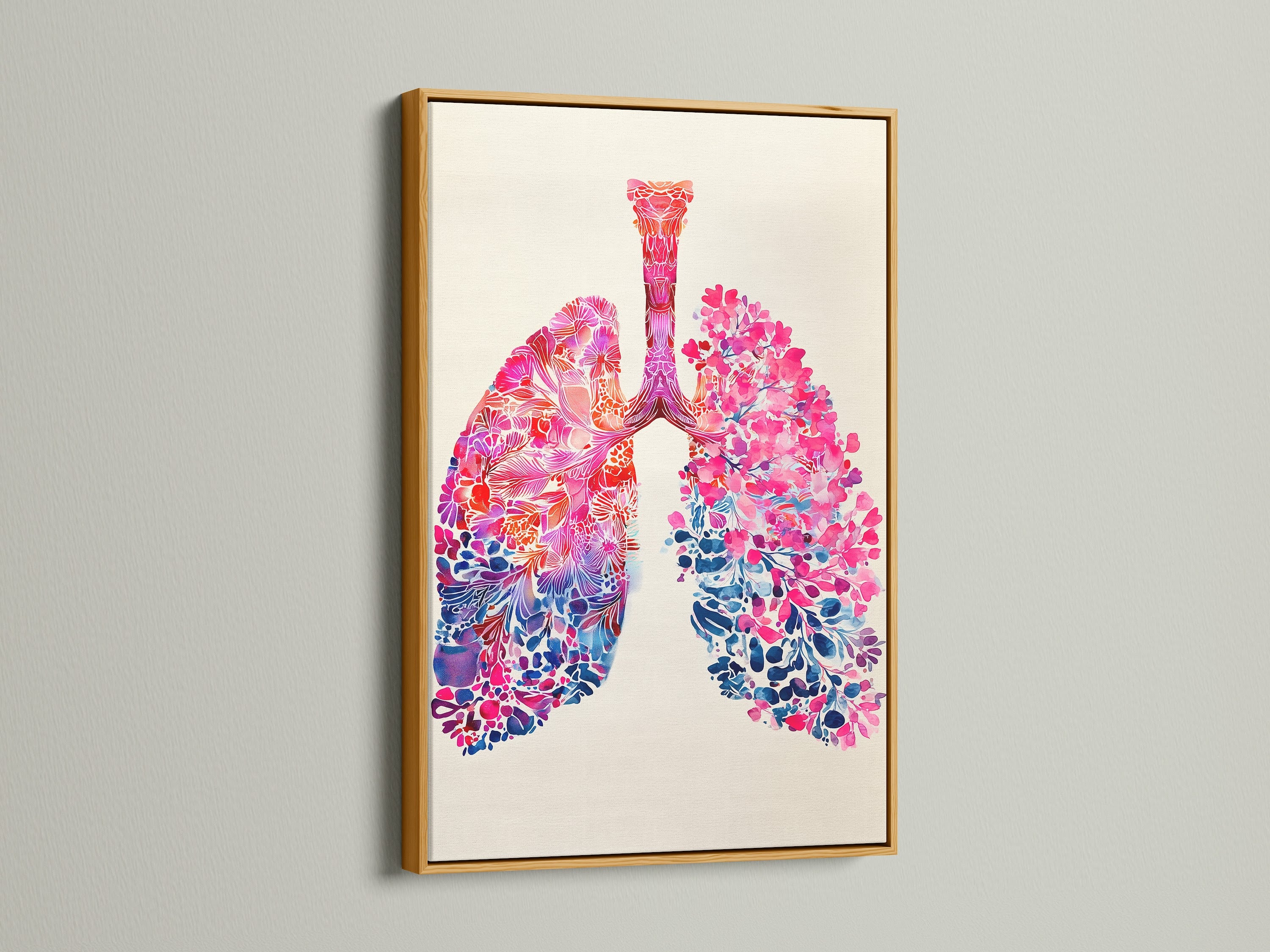 This lung artwork is presented in a gold frame. The gold frame brings a touch of luxury and elegance. It adds a sophisticated and glamorous element to the artwork display.