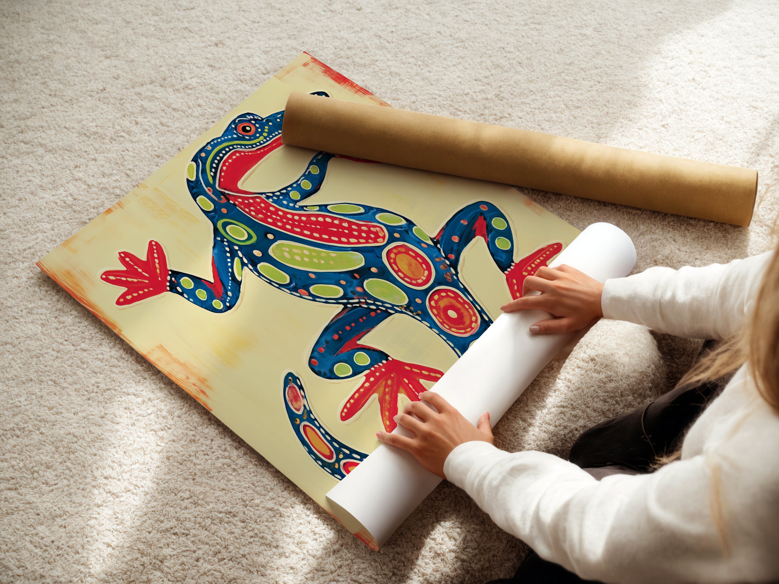 A woman is carefully rolling a fine art poster paper. The paper features the colorful lizard artwork. This fine art print is a high-quality reproduction. It captures the vibrant details of the original artwork. It is perfect for framing or displaying as is.