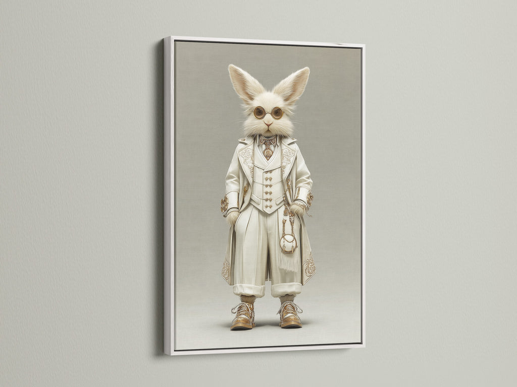 The Victorian Steampunk Rabbit artwork looks elegant in a white frame. The white frame offers a clean and sophisticated look. This vintage gentleman canvas print is perfect for bright spaces. It's a whimsical wall decor option. The white frame complements the artwork's primary color.