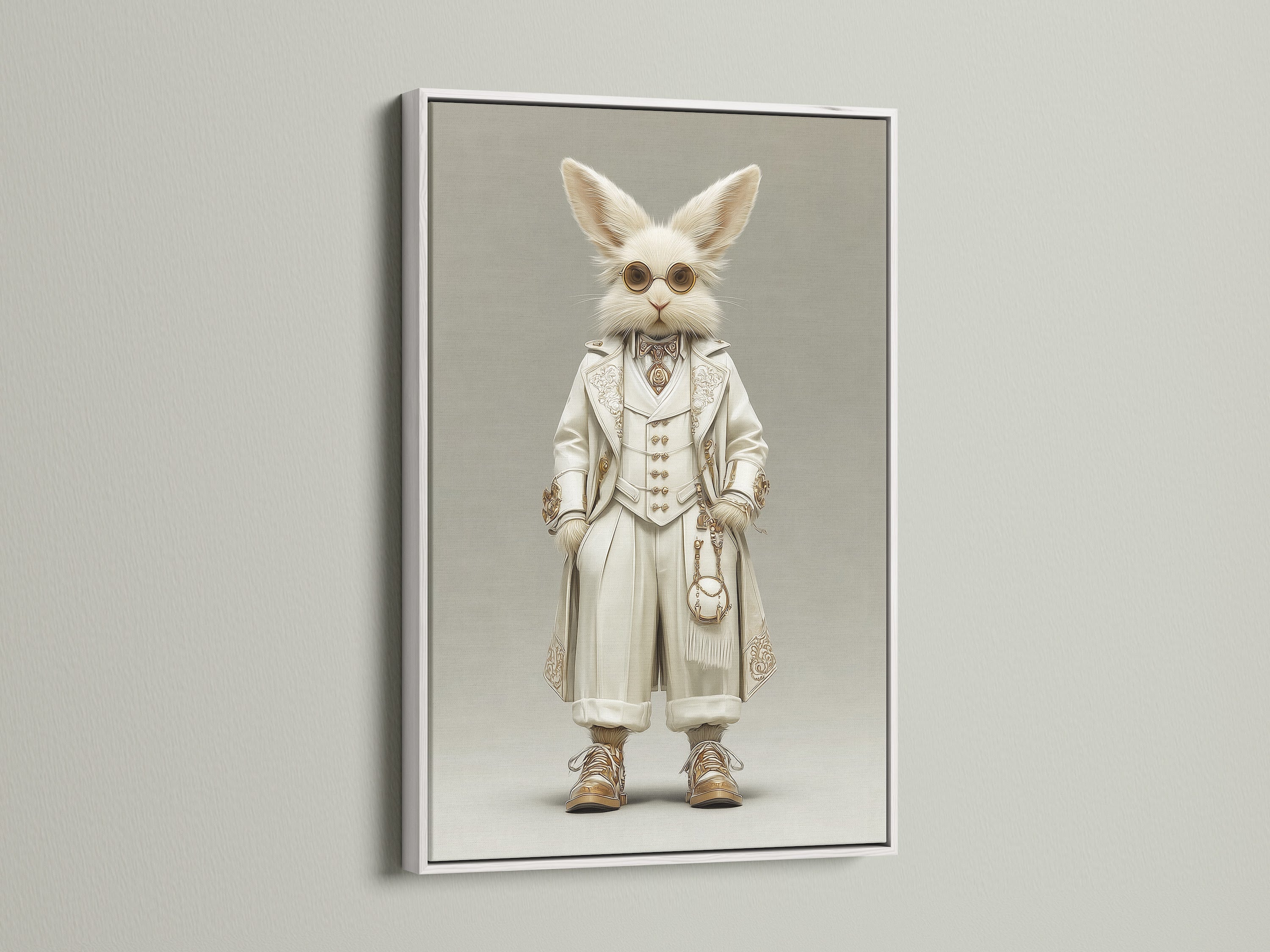 The Victorian Steampunk Rabbit artwork looks elegant in a white frame. The white frame offers a clean and sophisticated look. This vintage gentleman canvas print is perfect for bright spaces. It's a whimsical wall decor option. The white frame complements the artwork's primary color.
