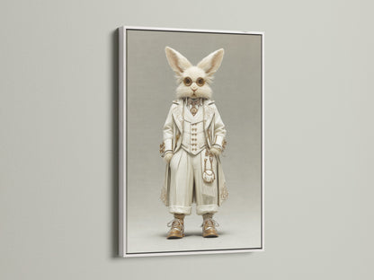 The Victorian Steampunk Rabbit artwork looks elegant in a white frame. The white frame offers a clean and sophisticated look. This vintage gentleman canvas print is perfect for bright spaces. It's a whimsical wall decor option. The white frame complements the artwork's primary color.