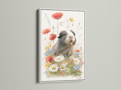 Artwork of a cute guinea pig surrounded by flowers. The piece is framed in a clean white frame. The white frame offers a modern and versatile look. It complements the artwork's vibrant colors. It is ideal for bright and contemporary interiors.