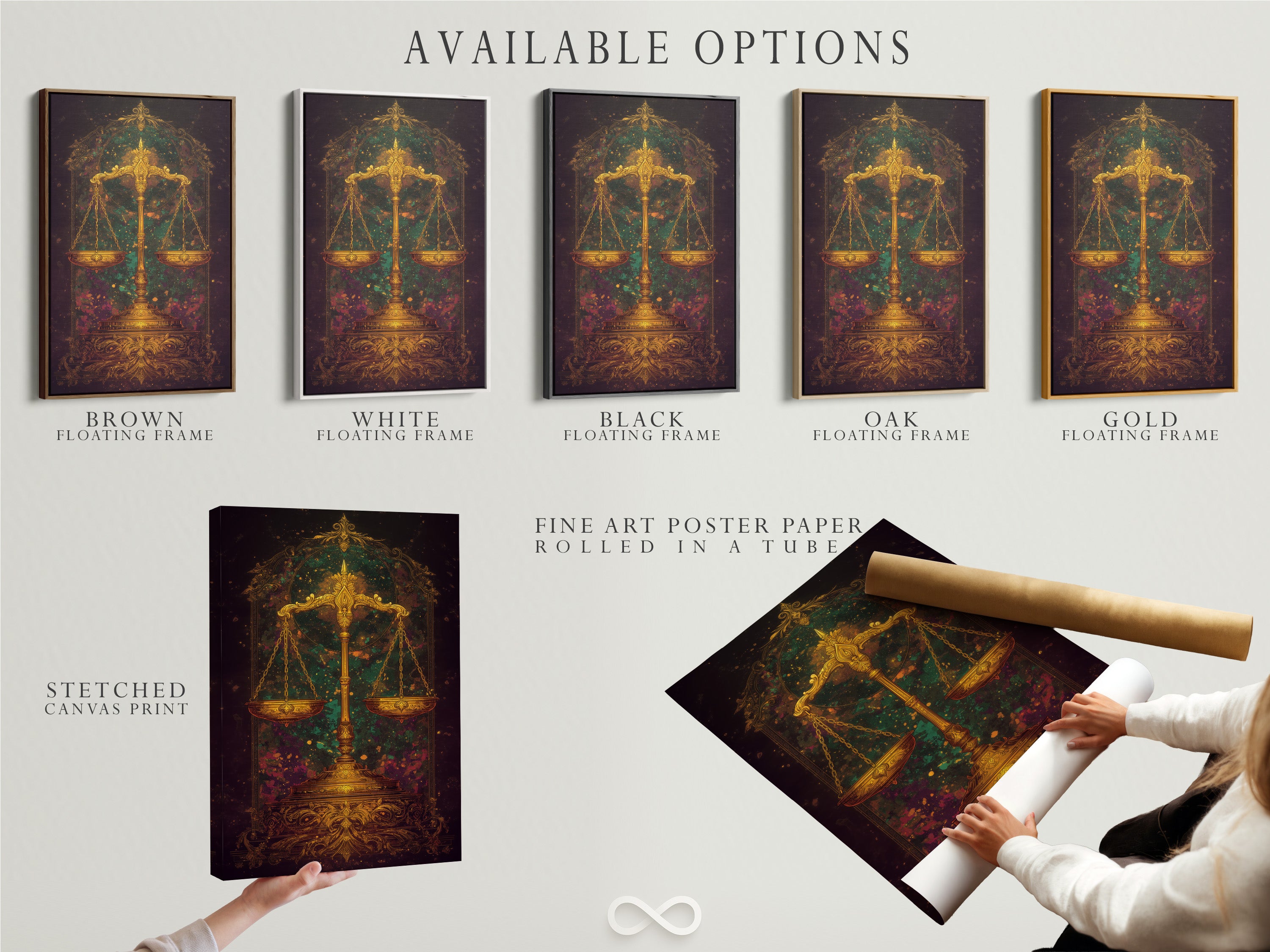Explore available options for the Justice Scales artwork. Choose between a stretched canvas print fine art poster paper or floating frame. This golden scales print is perfect for vintage legal decor. The cosmic astrology artwork enhances any room.