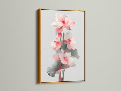 A gold frame enhances the lotus flower artwork. This floral canvas print adds a touch of luxury to your wall decor. The gold frame complements the pink flower decor. It is perfect for lobbies and clinics.