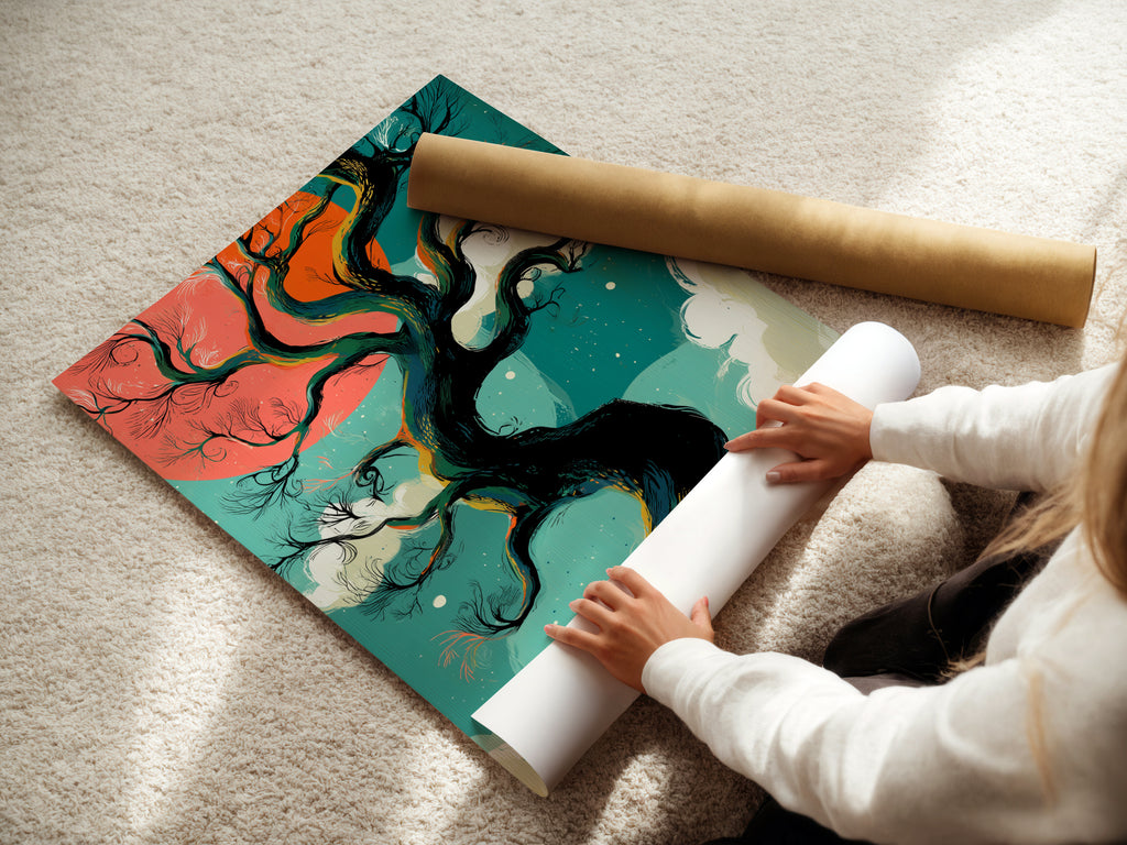 A woman carefully rolls a fine art poster paper of a winter tree artwork. The teal and coral sky create a fantasy landscape. Perfect for adding a whimsical touch to your bedroom wall decor. Shop nature artwork today.