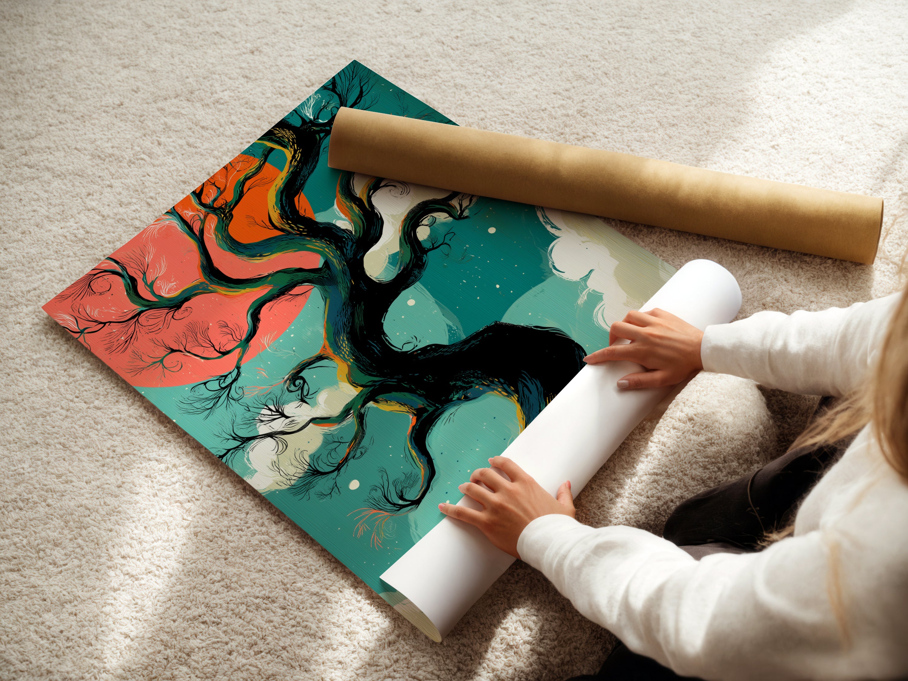 A woman carefully rolls a fine art poster paper of a winter tree artwork. The teal and coral sky create a fantasy landscape. Perfect for adding a whimsical touch to your bedroom wall decor. Shop nature artwork today.