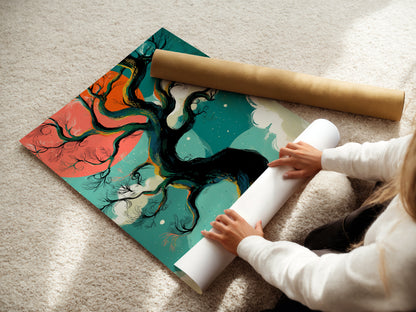 A woman carefully rolls a fine art poster paper of a winter tree artwork. The teal and coral sky create a fantasy landscape. Perfect for adding a whimsical touch to your bedroom wall decor. Shop nature artwork today.