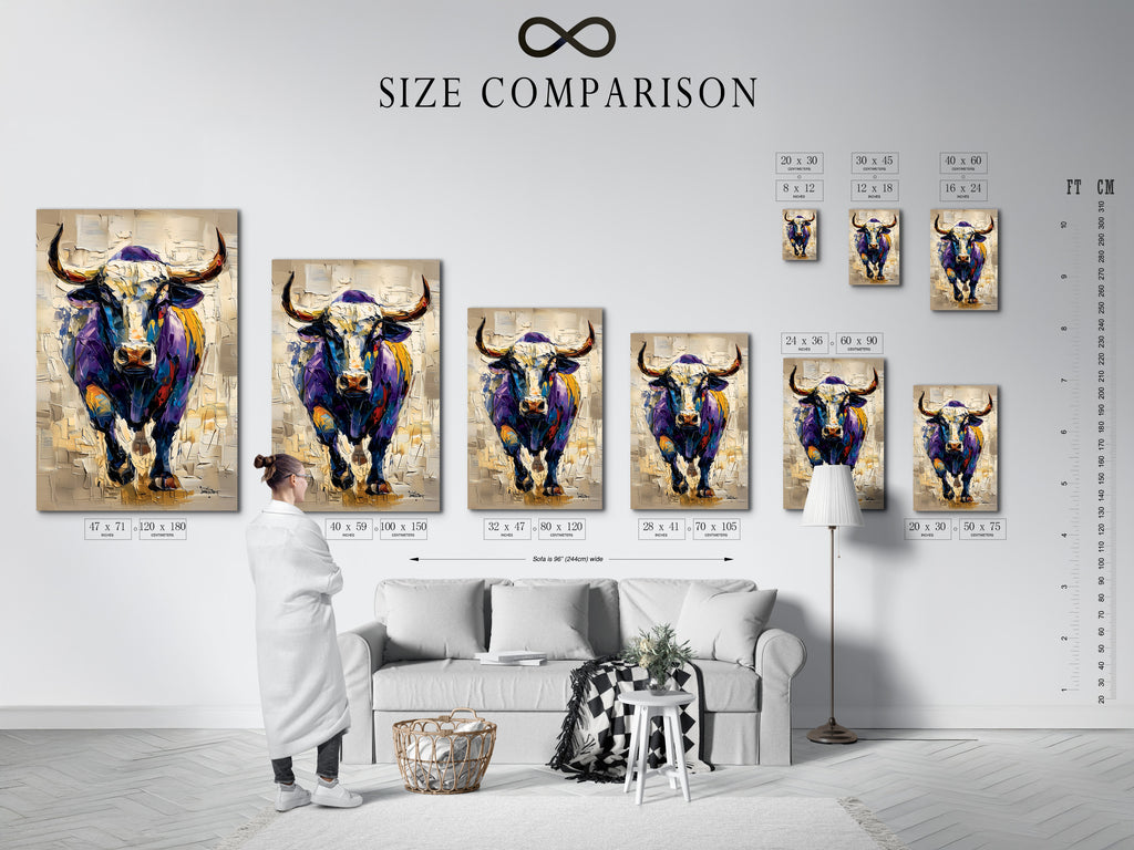 Size comparison chart in an interior setting. The chart shows the different sizes of available art prints. This helps you visualize how the artwork will look in your space. The chart includes stretched canvas and framed options. This is a helpful tool for choosing the perfect size.