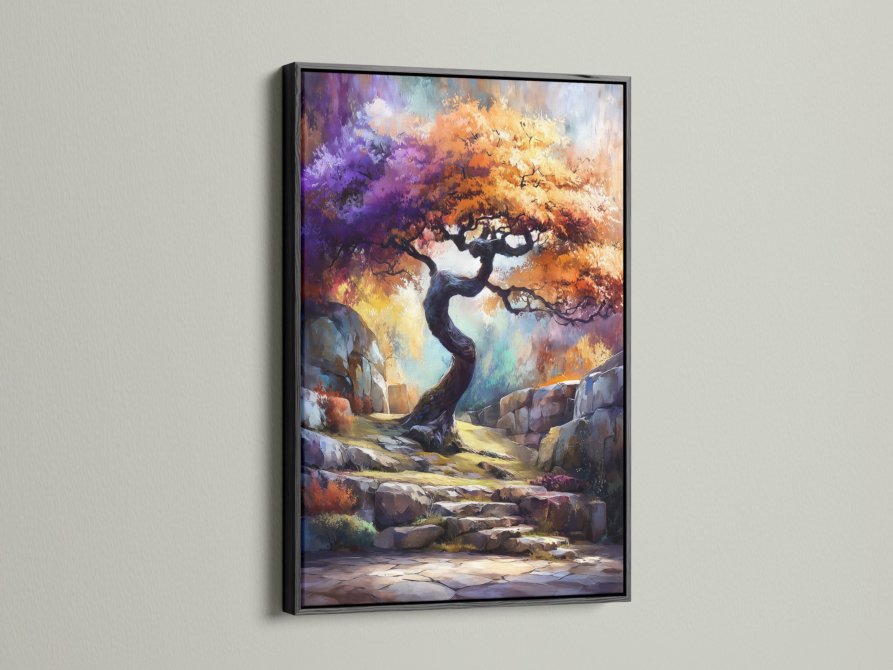 The black frame brings a bold look to this mystical tree art. This fantasy landscape wall art makes a statement. The colorful nature artwork is a great choice for bedroom decor. The artwork pops against the dark frame.