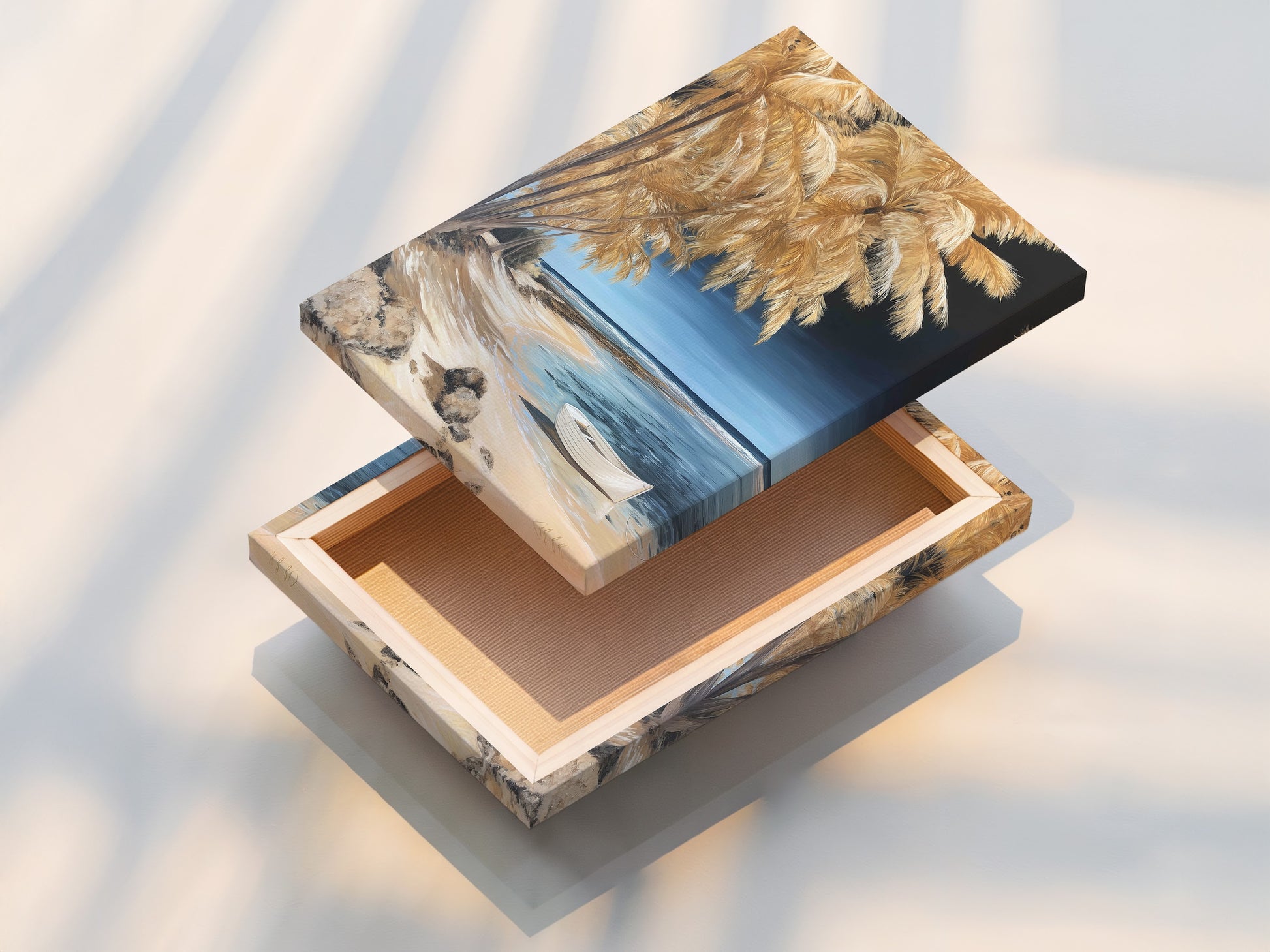 A stretched canvas print showcasing coastal beach artwork. This stretched canvas is ready to hang as serene beach print. Perfect for adding a coastal touch to any space with seascape canvas.