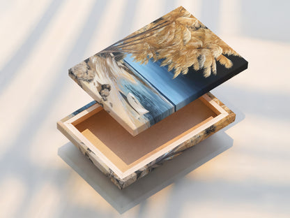 A stretched canvas print showcasing coastal beach artwork. This stretched canvas is ready to hang as serene beach print. Perfect for adding a coastal touch to any space with seascape canvas.