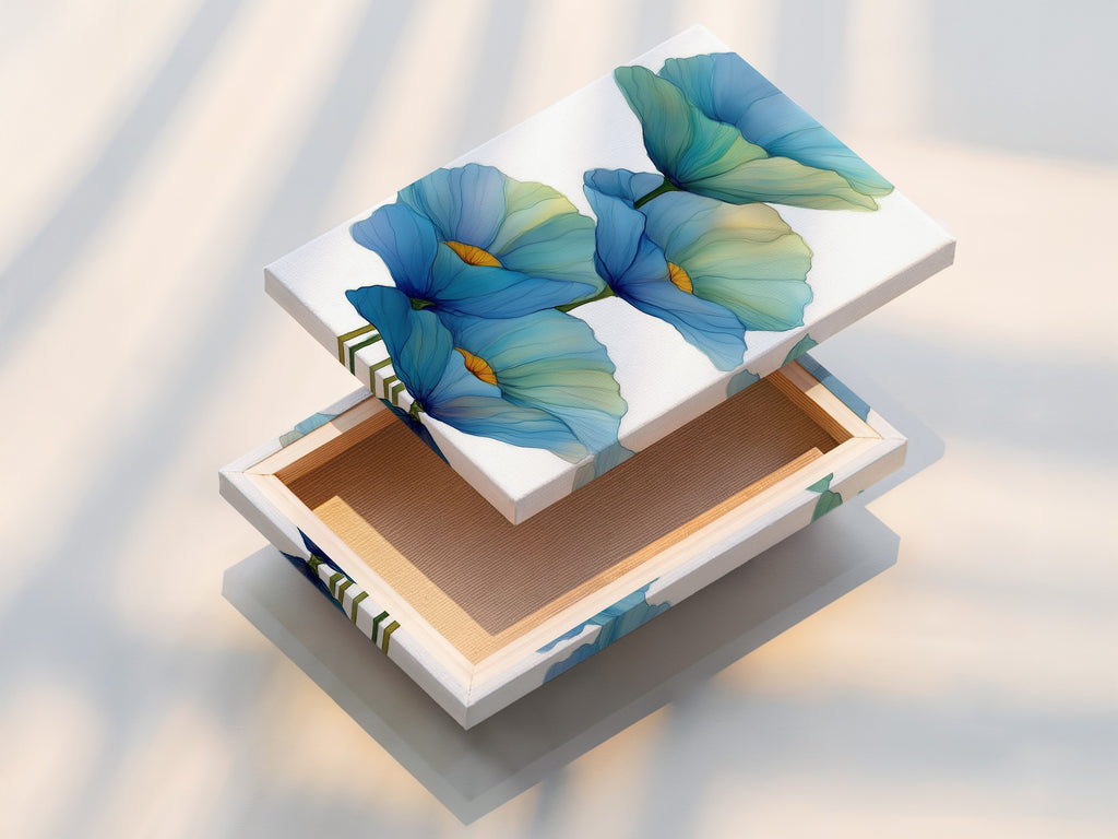 A stretched canvas print featuring a blue floral. The vibrant teal flower poster is ready to hang. This botanical wall art adds a modern touch to any space. Enhance your home decor with this beautiful artwork.