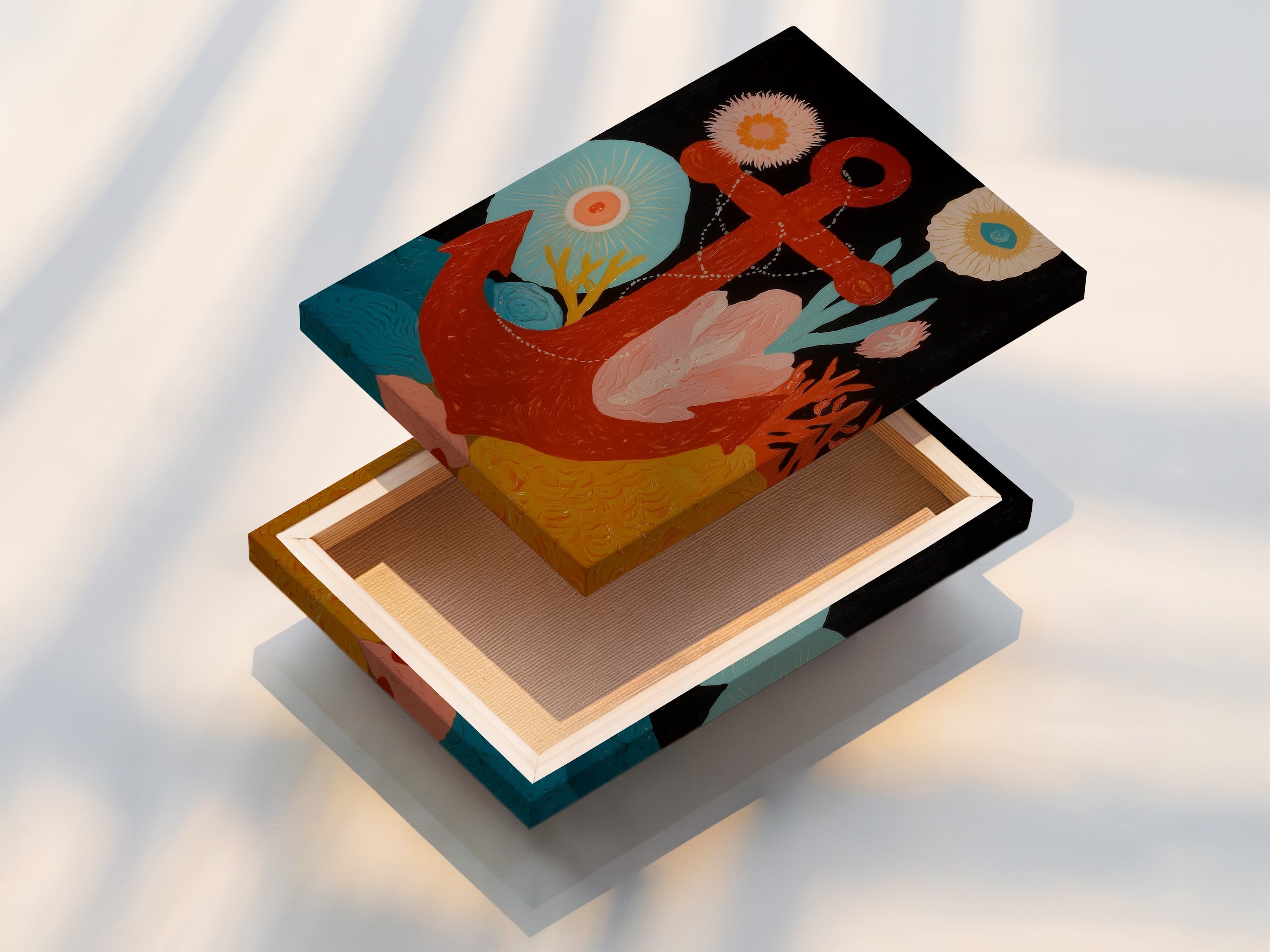 Stretched canvas print of the Nautical Anchor Artwork. This ready-to-hang piece brings a coastal vibe to any room. The stretched canvas enhances the artwork's texture and colors. Perfect for adding a touch of the ocean to your home decor and beach houses.